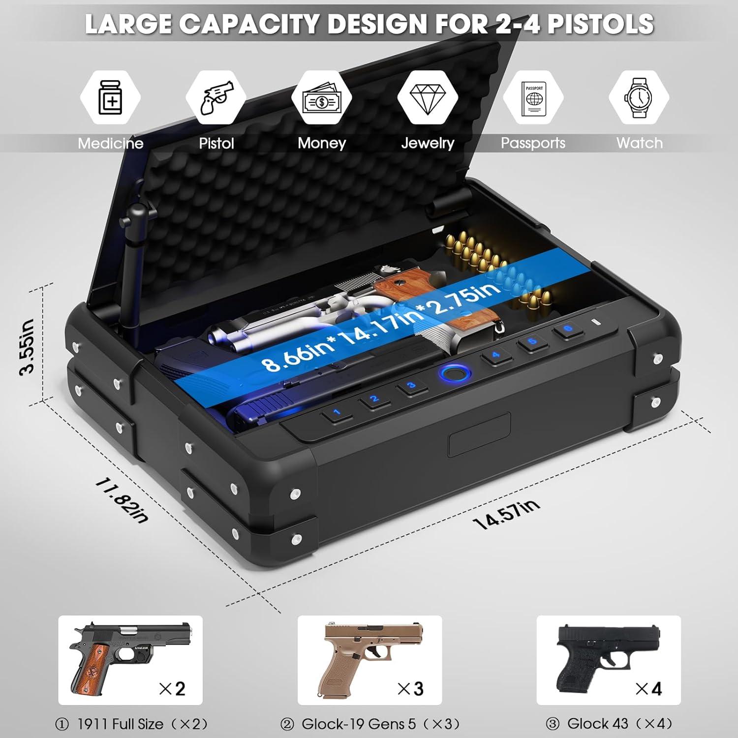Caja Fuerte Biométrica GUVELI para 3-4 Pistolas, 7.26 kg