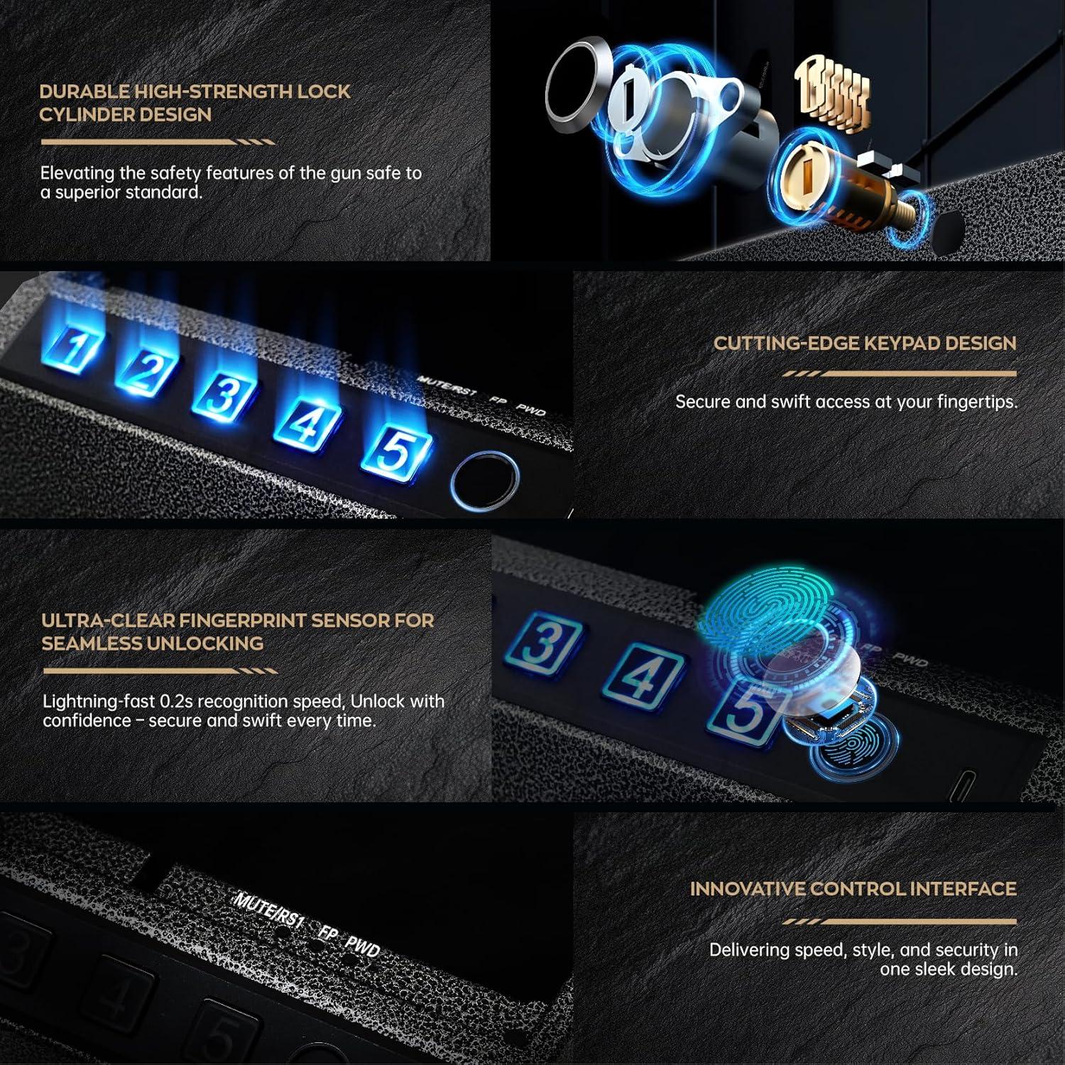 Caja Fuerte Biométrica PEILUX para 2 Pistolas, USB-C, Portátil