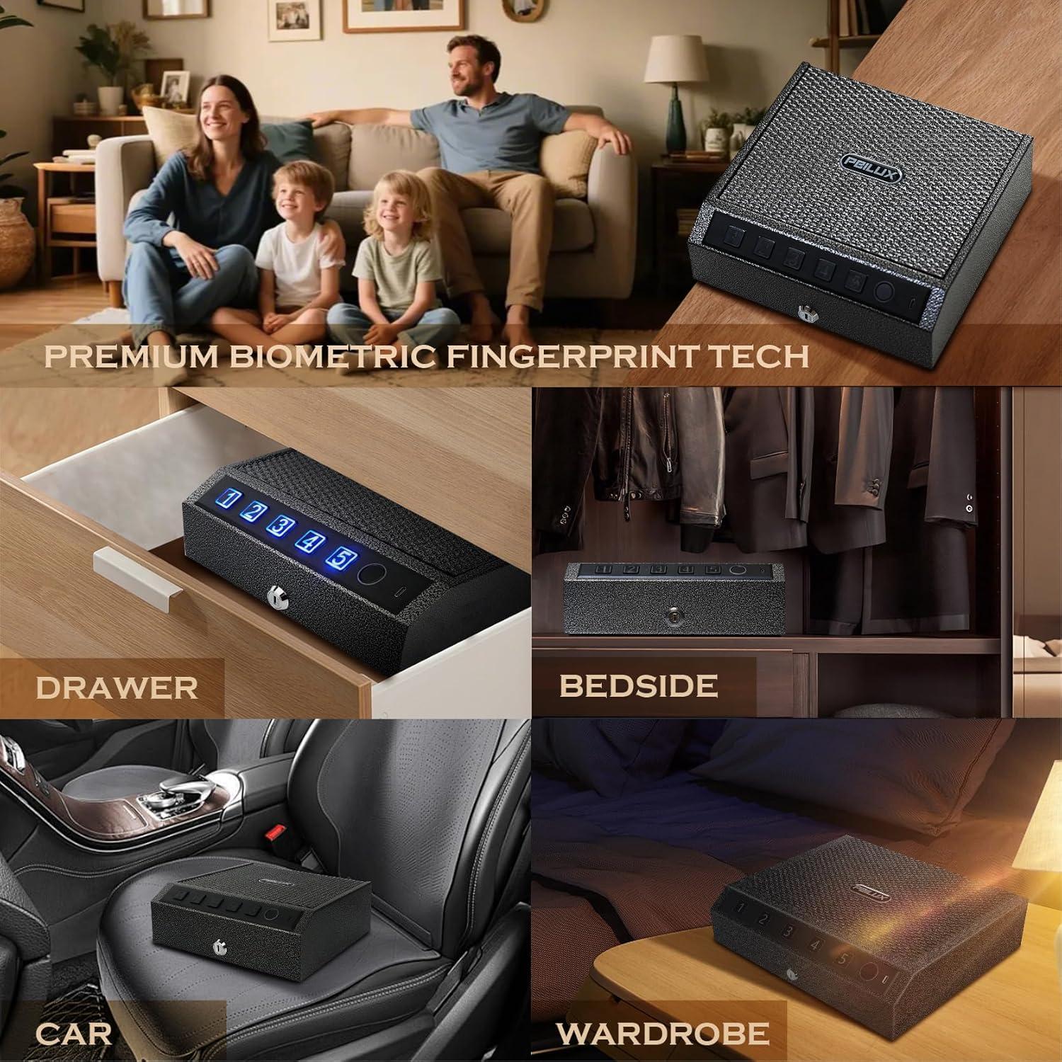 Caja Fuerte Biométrica PEILUX para 2 Pistolas, USB-C, Portátil