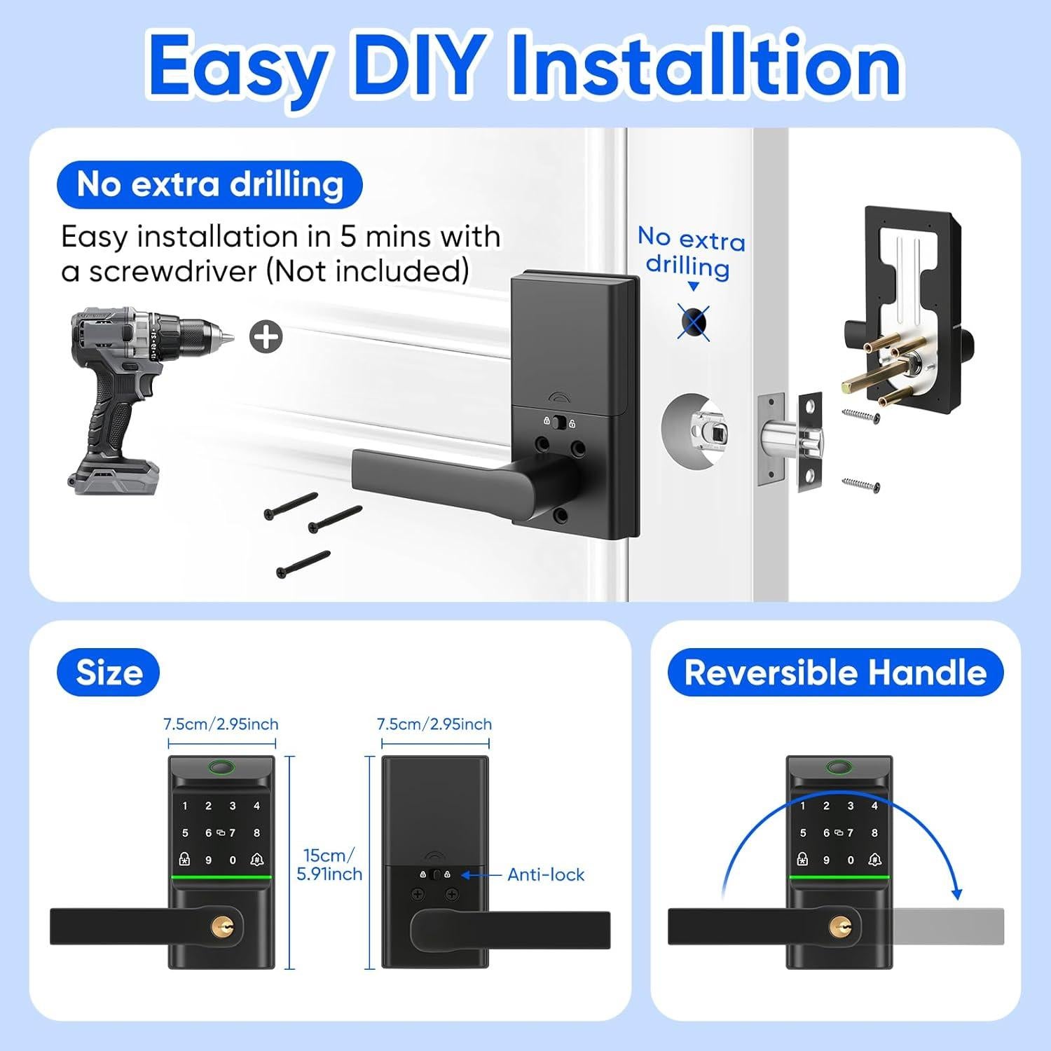 Cerradura Inteligente MYPIN con Teclado y Manija, 7 Formas de Desbloquear
