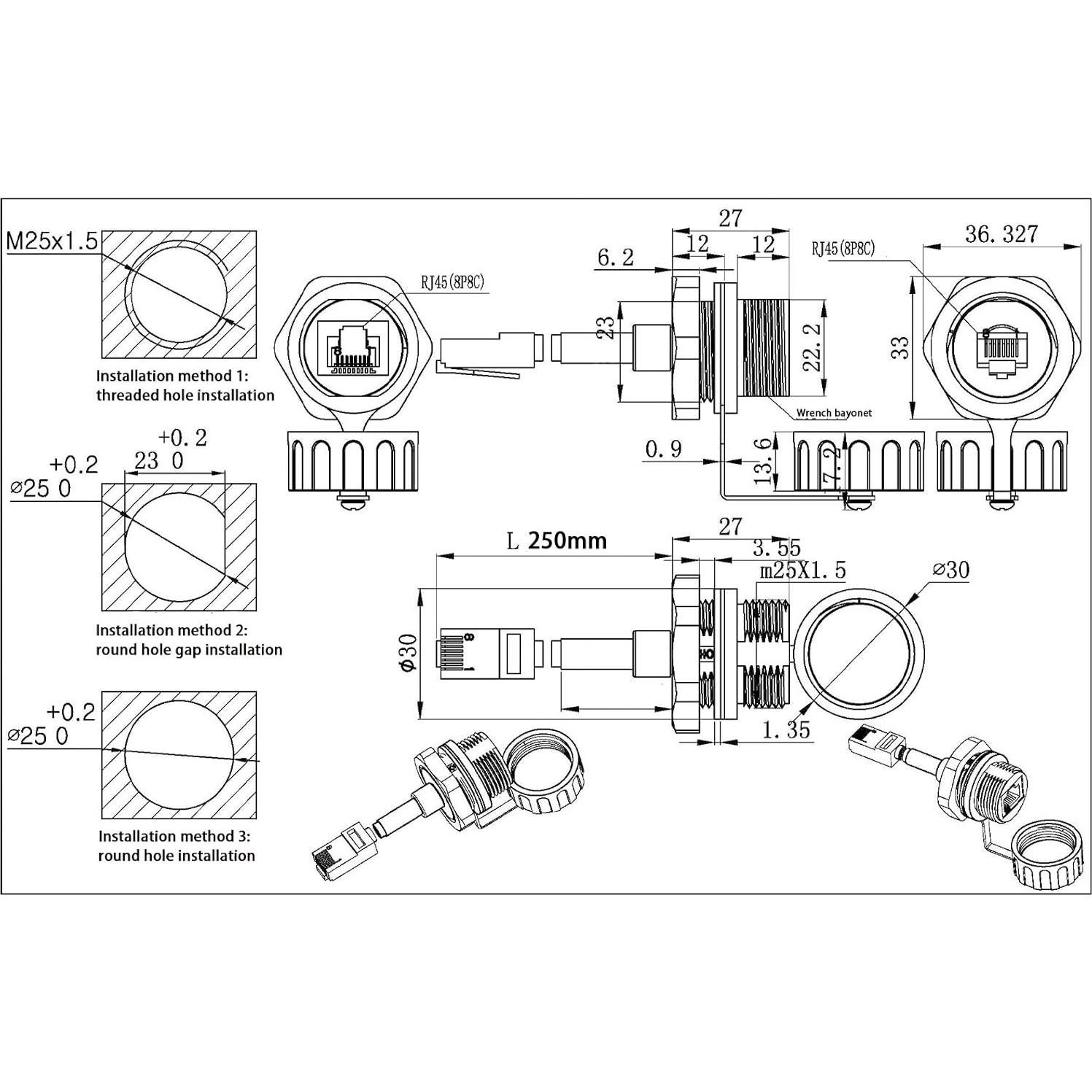 5 Conectores RJ45 Impermeables M25 Cat5e para Red Exterior