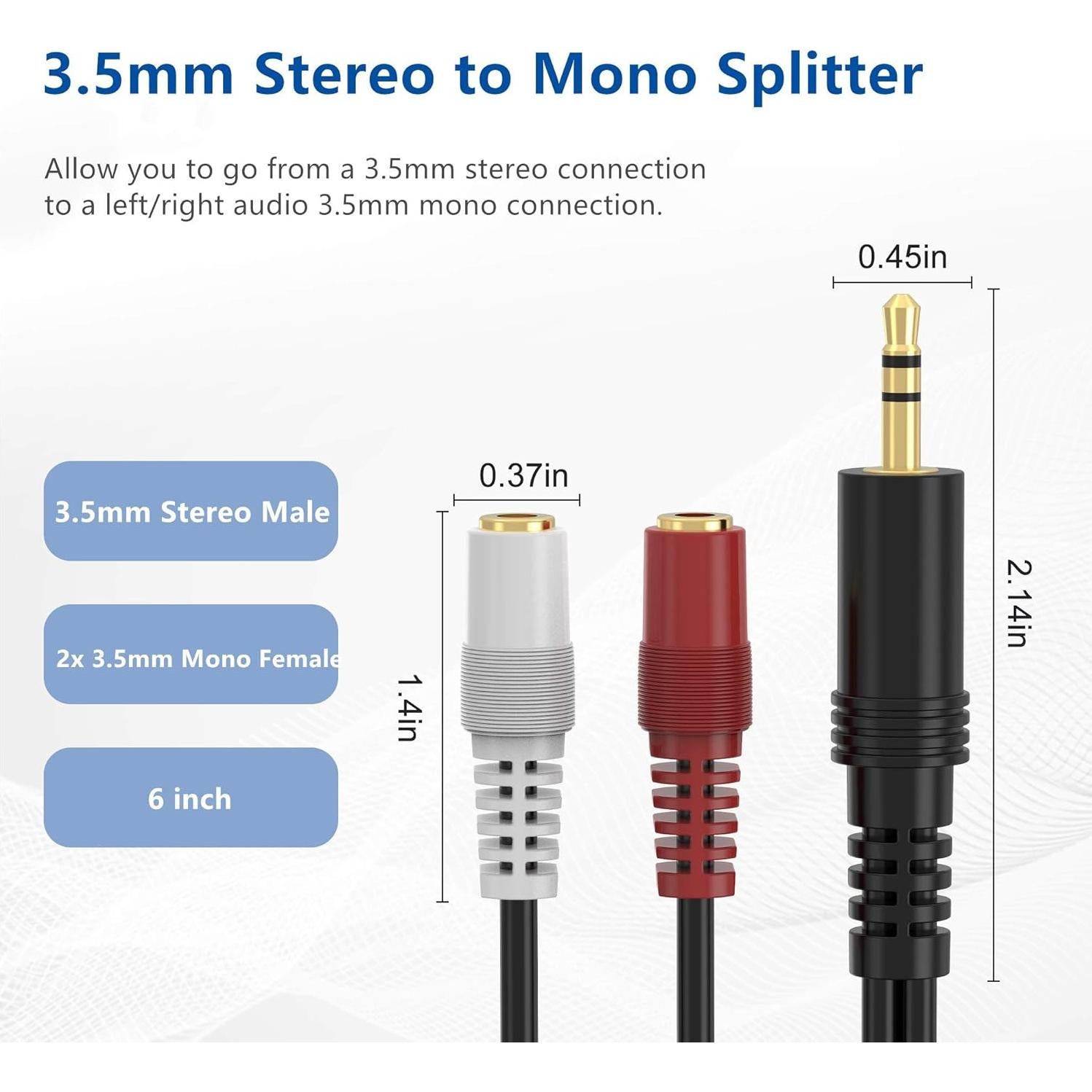 Cable divisor de audio 3.5mm TRS a 2 TS hembra RFAdapter 15.24cm