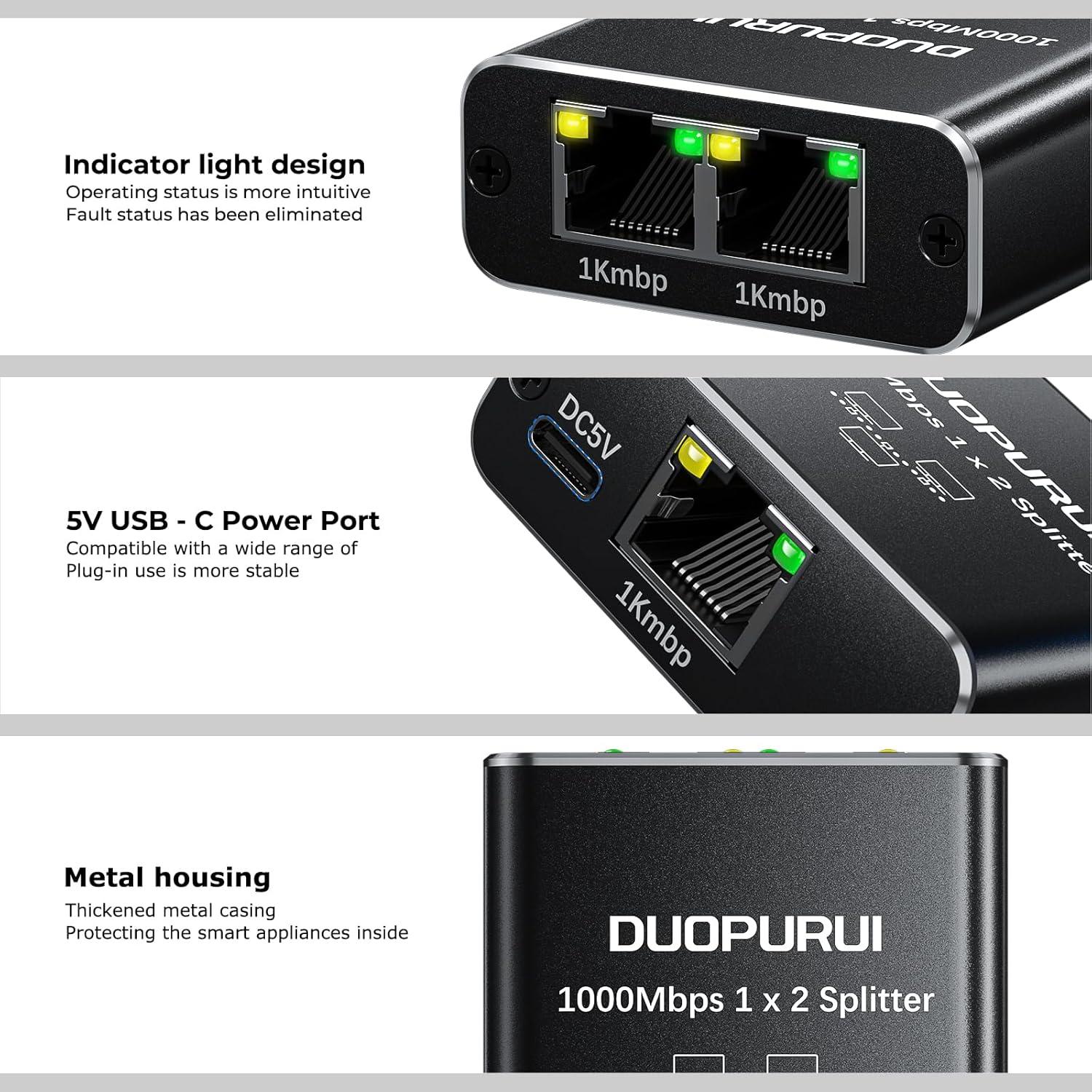 Divisor Ethernet 1 a 2 Duopurui 1000Mbps Plug and Play