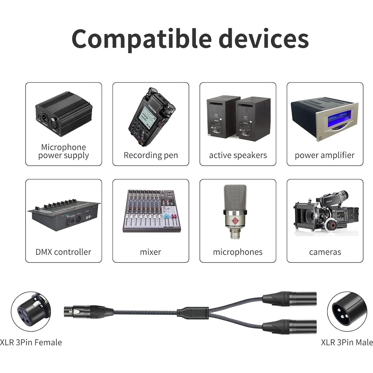 Cable Divisor Y XLR Femenino a Doble Masculino 0.61m HUALEU