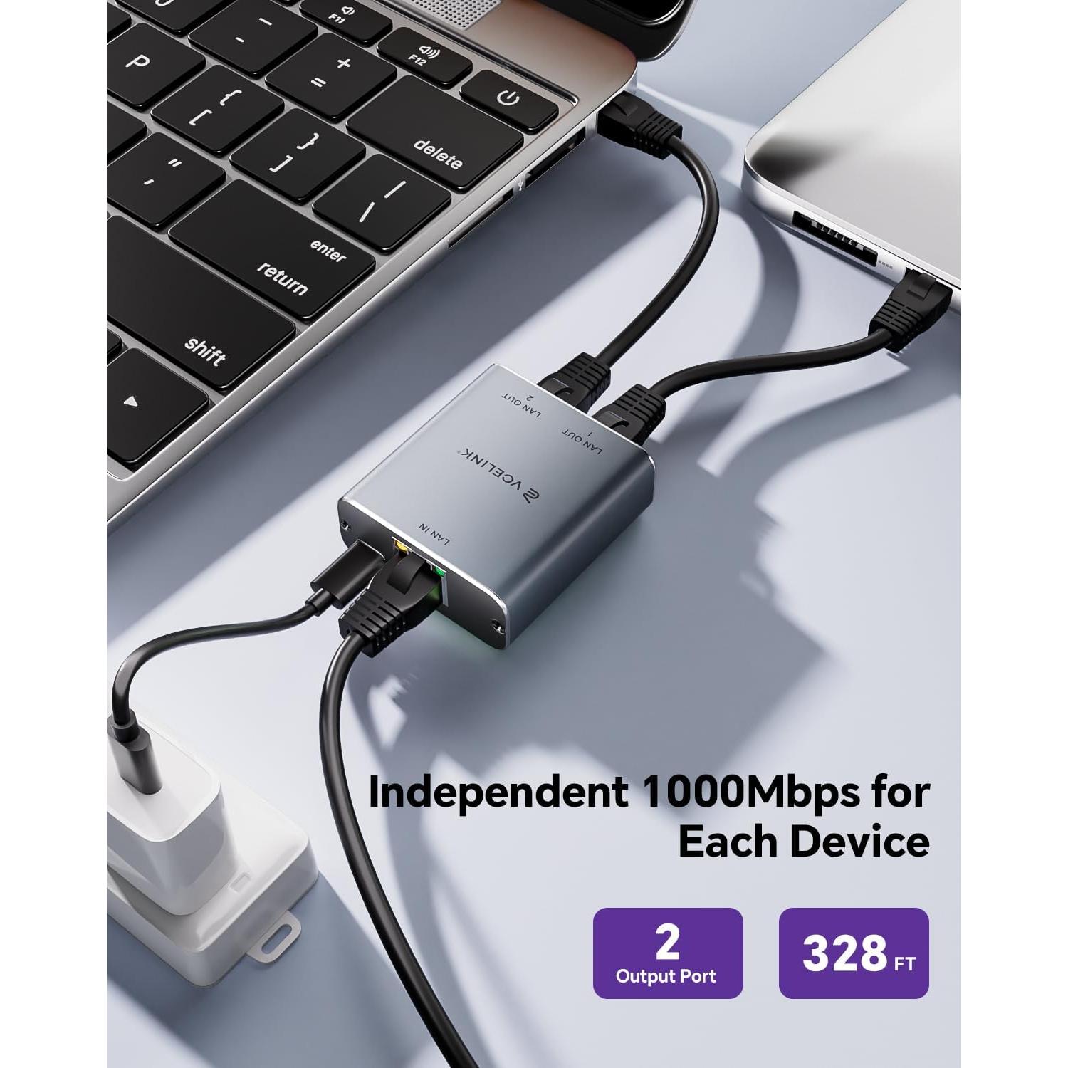 Divisor Ethernet VCELINK 1 a 2, 1000Mbps, Plug and Play