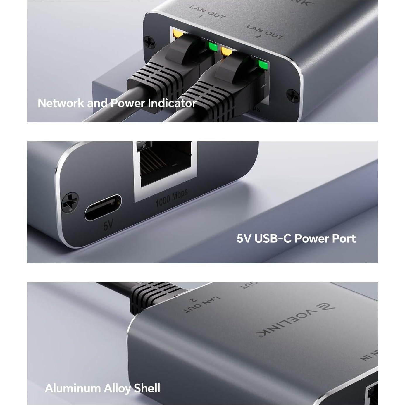 Divisor Ethernet VCELINK 1 a 2, 1000Mbps, Plug and Play