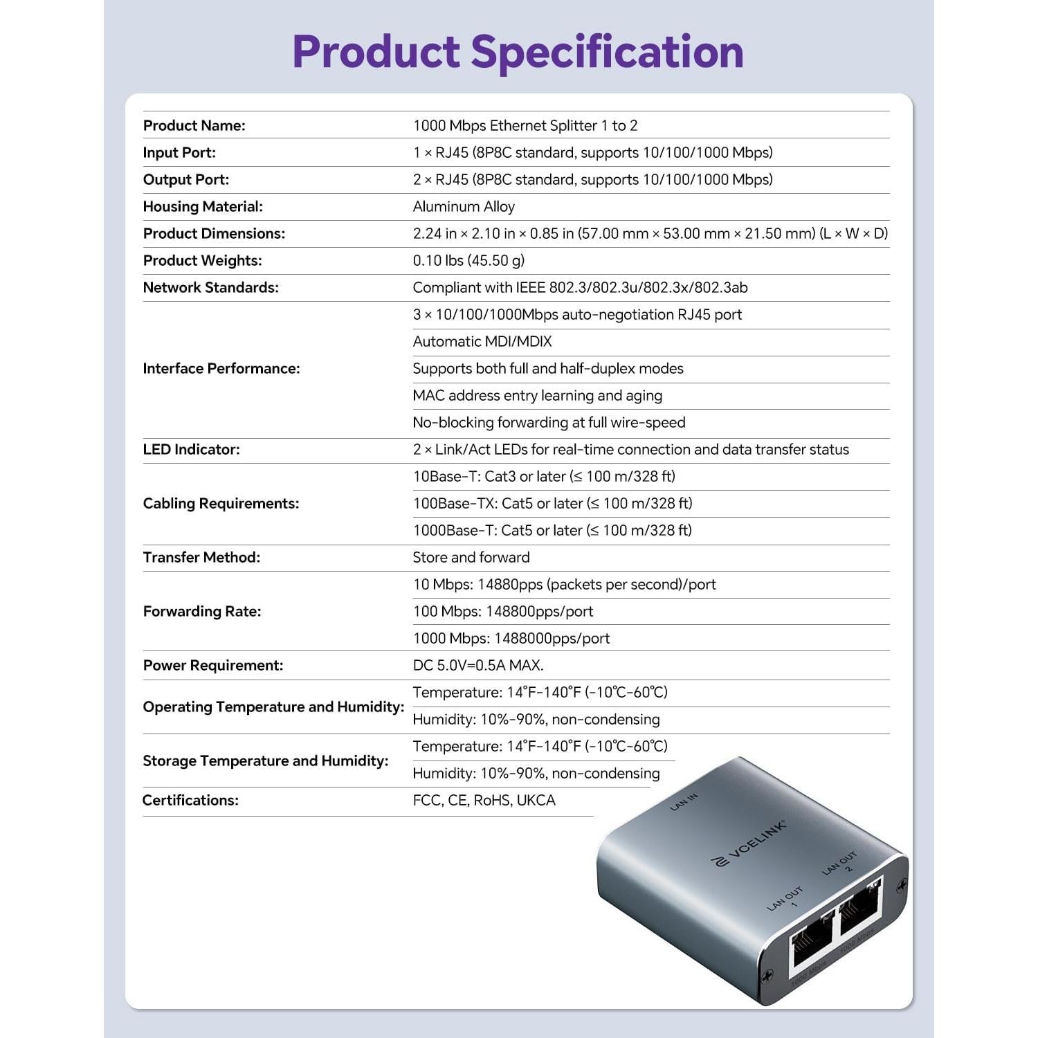Divisor Ethernet VCELINK 1 a 2, 1000Mbps, Plug and Play
