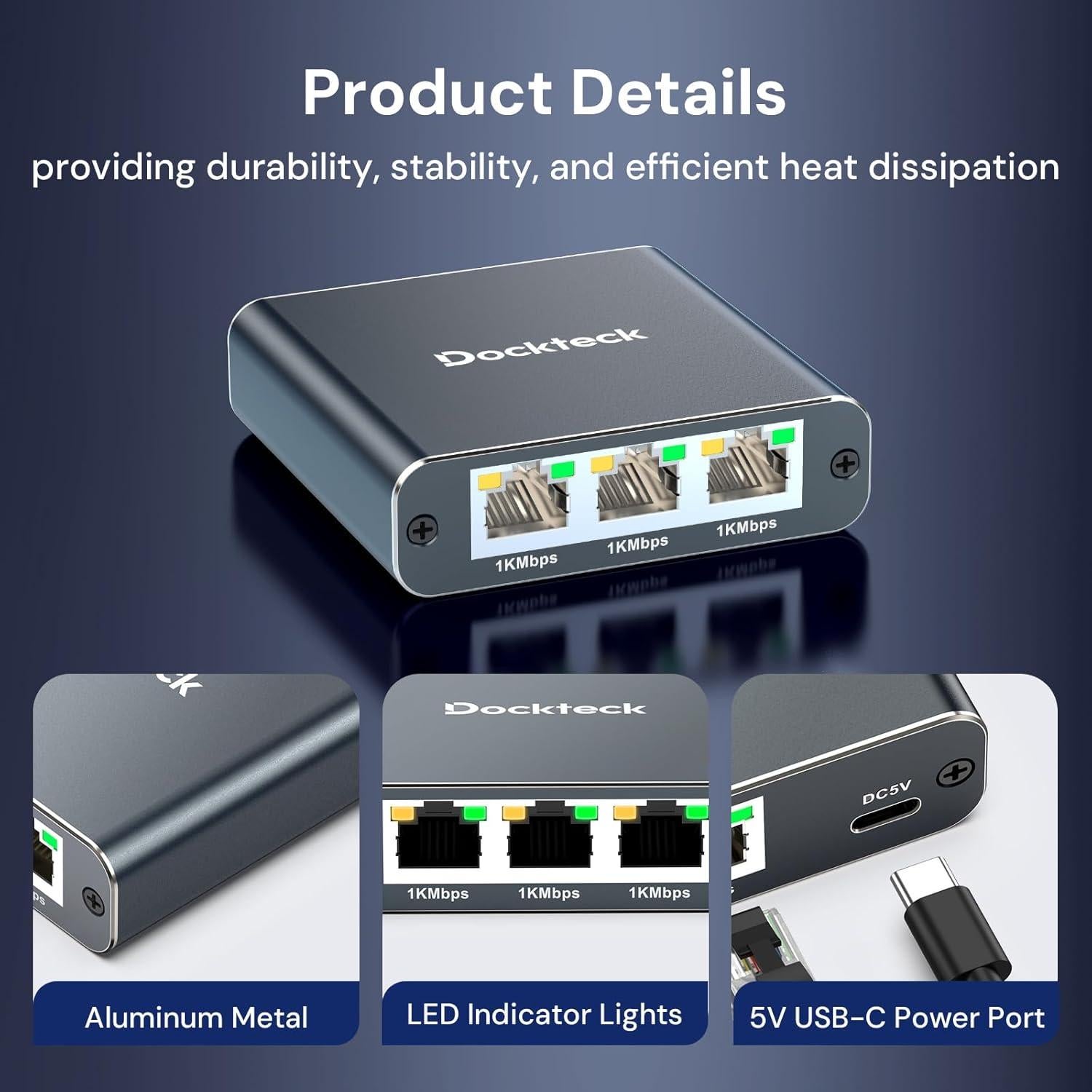 Divisor Ethernet 1 a 3 Dockteck 1000Mbps Gris Aluminio