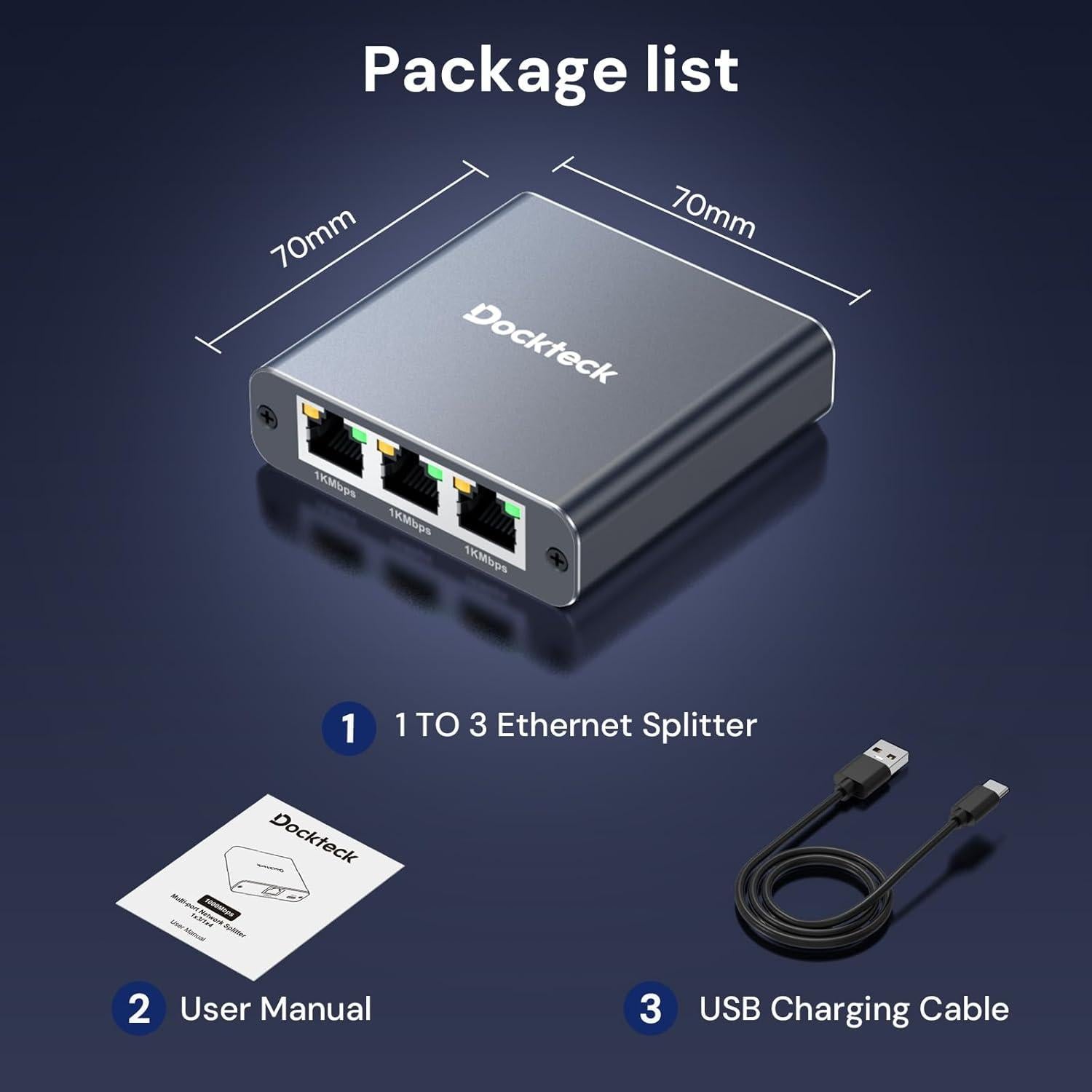 Divisor Ethernet 1 a 3 Dockteck 1000Mbps Gris Aluminio