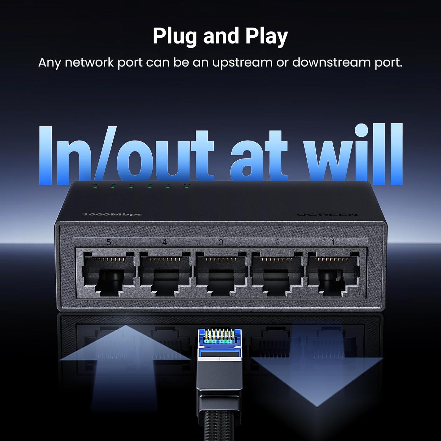 Interruptor Ethernet UGREEN 5 Puertos Gigabit RJ45 Plug & Play