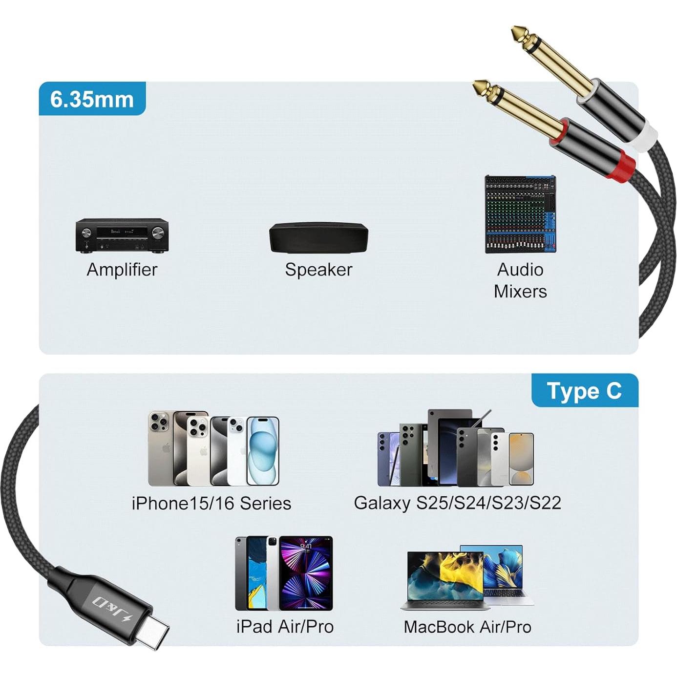 Cable de Audio J&D USB C a Doble 6.35mm 2.99m HIFI