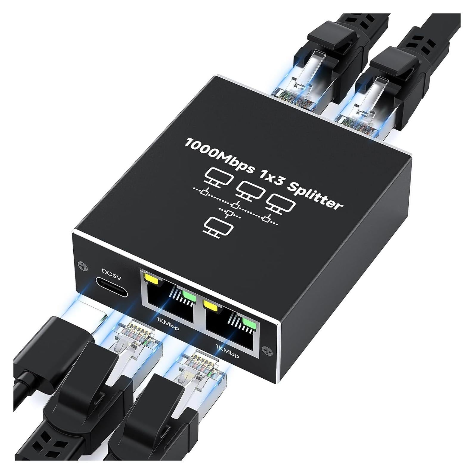 Ethernet Splitter 1 to 3 1000Mbps High Speed Either Network Splitter Internet Cable Splitter 1 in 4 Out Gigabit Dual LAN RJ45 Port Router Switch Work for Cat 5/5e/6/7/8 Cable
