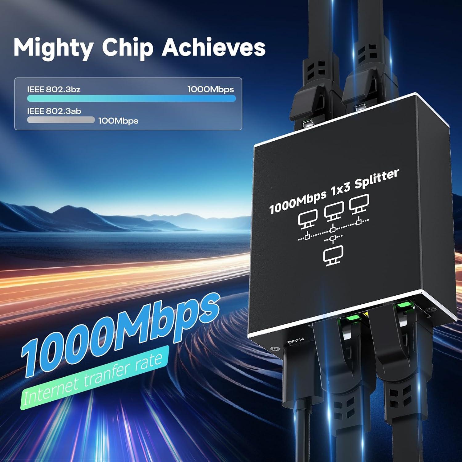 Ethernet Splitter 1 to 3 1000Mbps High Speed Either Network Splitter Internet Cable Splitter 1 in 4 Out Gigabit Dual LAN RJ45 Port Router Switch Work for Cat 5/5e/6/7/8 Cable