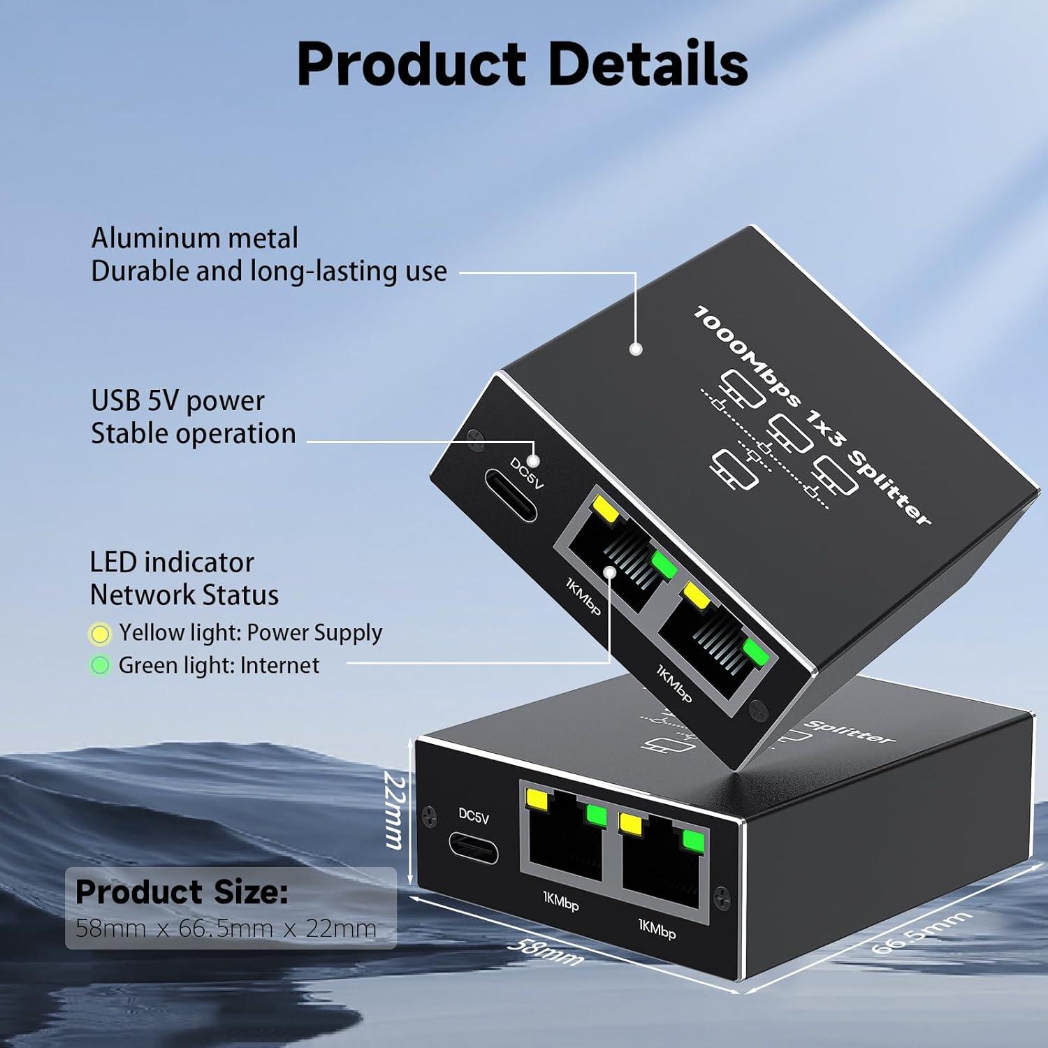 Ethernet Splitter 1 to 3 1000Mbps High Speed Either Network Splitter Internet Cable Splitter 1 in 4 Out Gigabit Dual LAN RJ45 Port Router Switch Work for Cat 5/5e/6/7/8 Cable