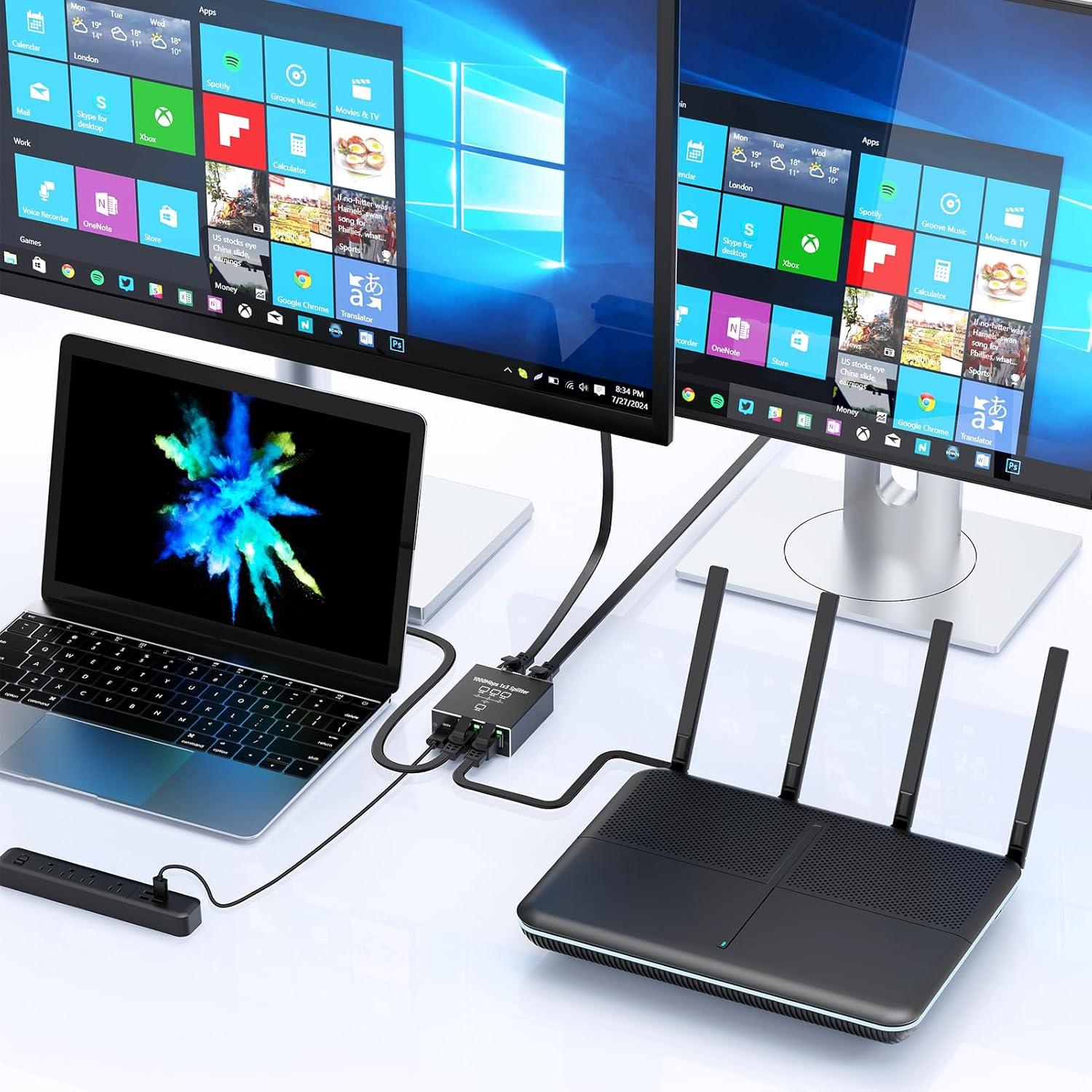 Ethernet Splitter 1 to 3 1000Mbps High Speed Either Network Splitter Internet Cable Splitter 1 in 4 Out Gigabit Dual LAN RJ45 Port Router Switch Work for Cat 5/5e/6/7/8 Cable