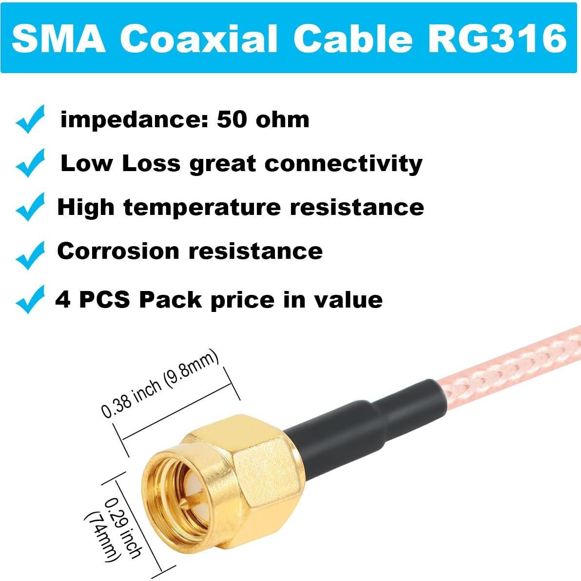 Cable Coaxial SMA Macho a SMA Macho 15 cm RG316 - Paquete de 4