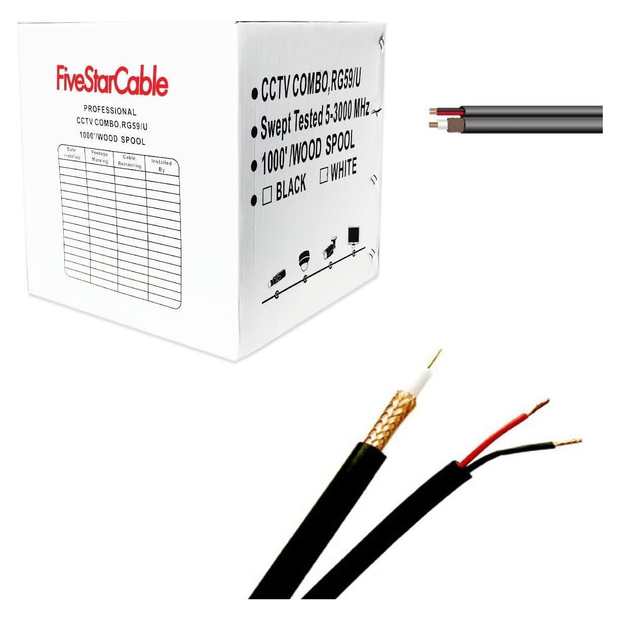 Cable Coaxial CCTV Siamés 1000 pies FiveStarCable RG59 + 18/2