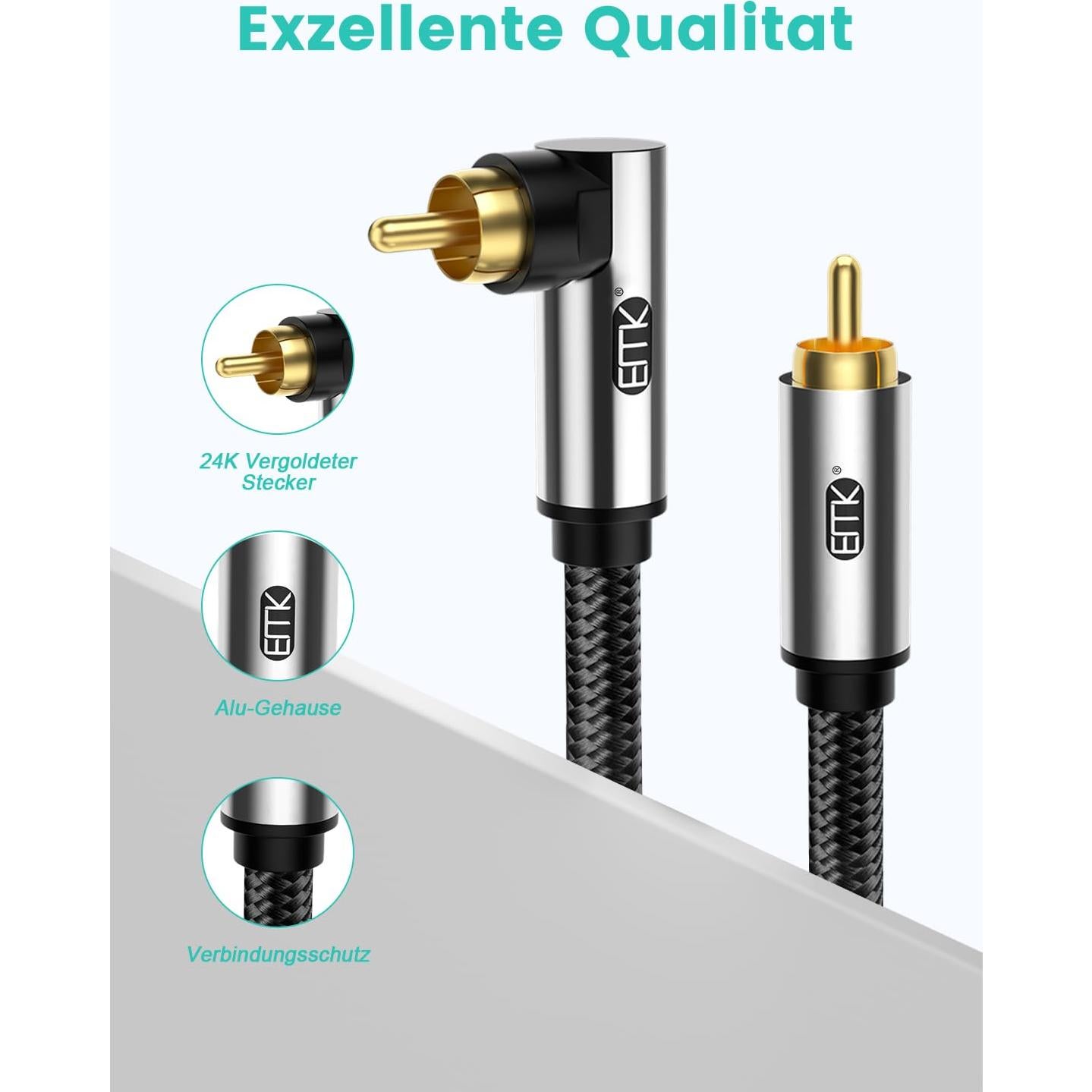 Cable de Subwoofer EMK RCA Macho a Macho 0.5M 90 Grados