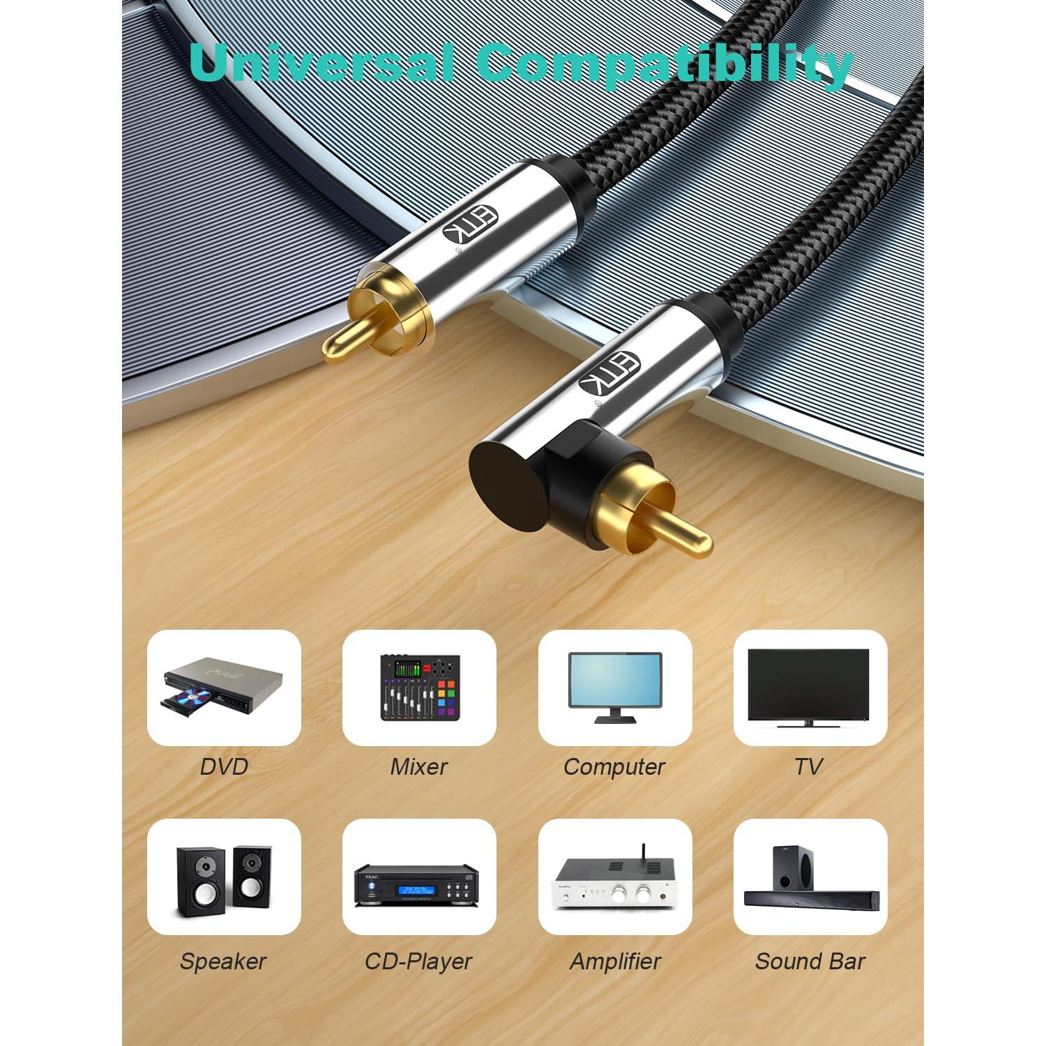 Cable de Subwoofer EMK RCA Macho a Macho 0.5M 90 Grados