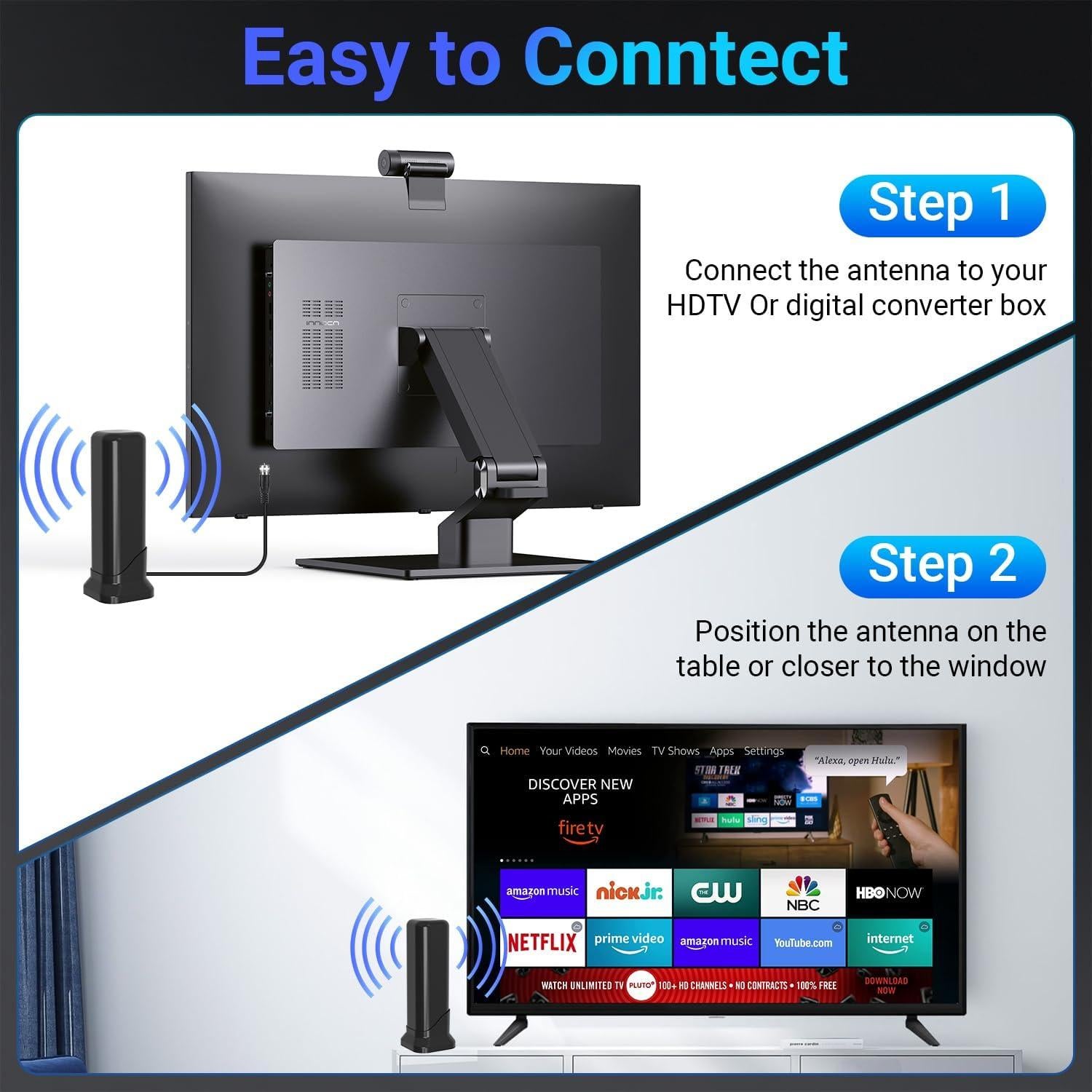 Antena de TV DTVSUBS GT09 Interior HD 4K 360° con Base Magnética