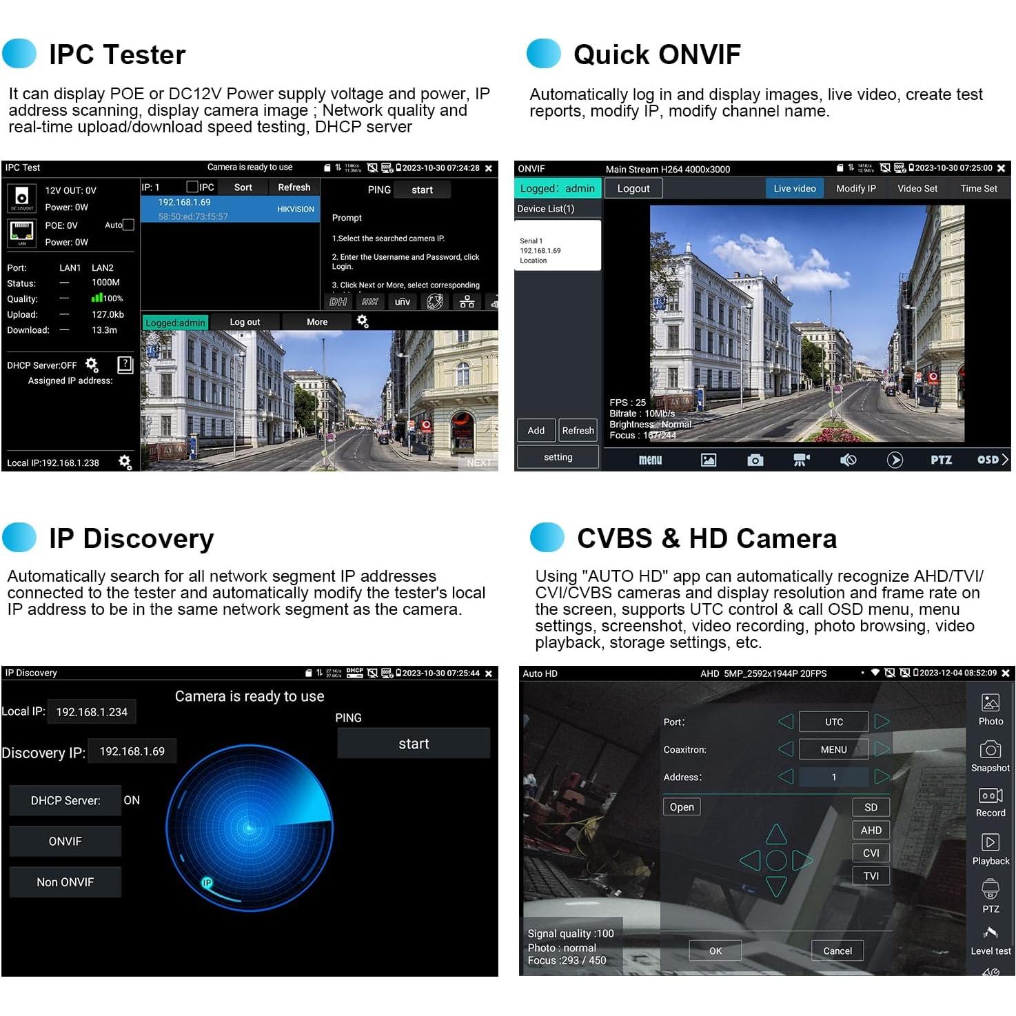 Probador de Cámara IP 8K WANLUTECH 7" PoE CCTV RJ45
