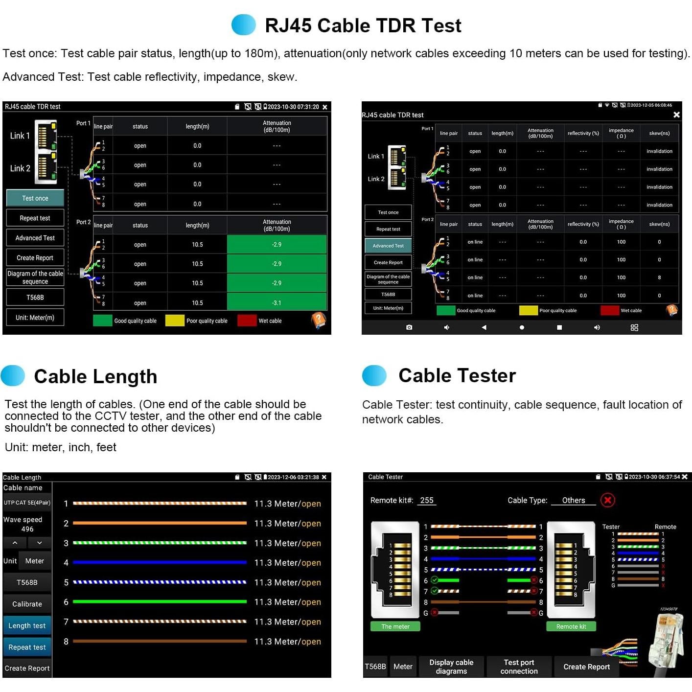 Probador de Cámara IP 8K WANLUTECH 7" PoE CCTV RJ45