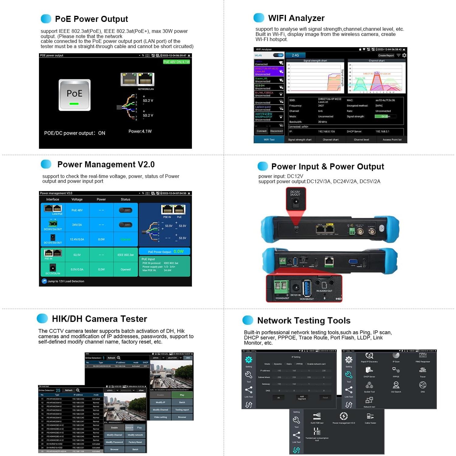 Probador de Cámara IP 8K WANLUTECH 7" PoE CCTV RJ45
