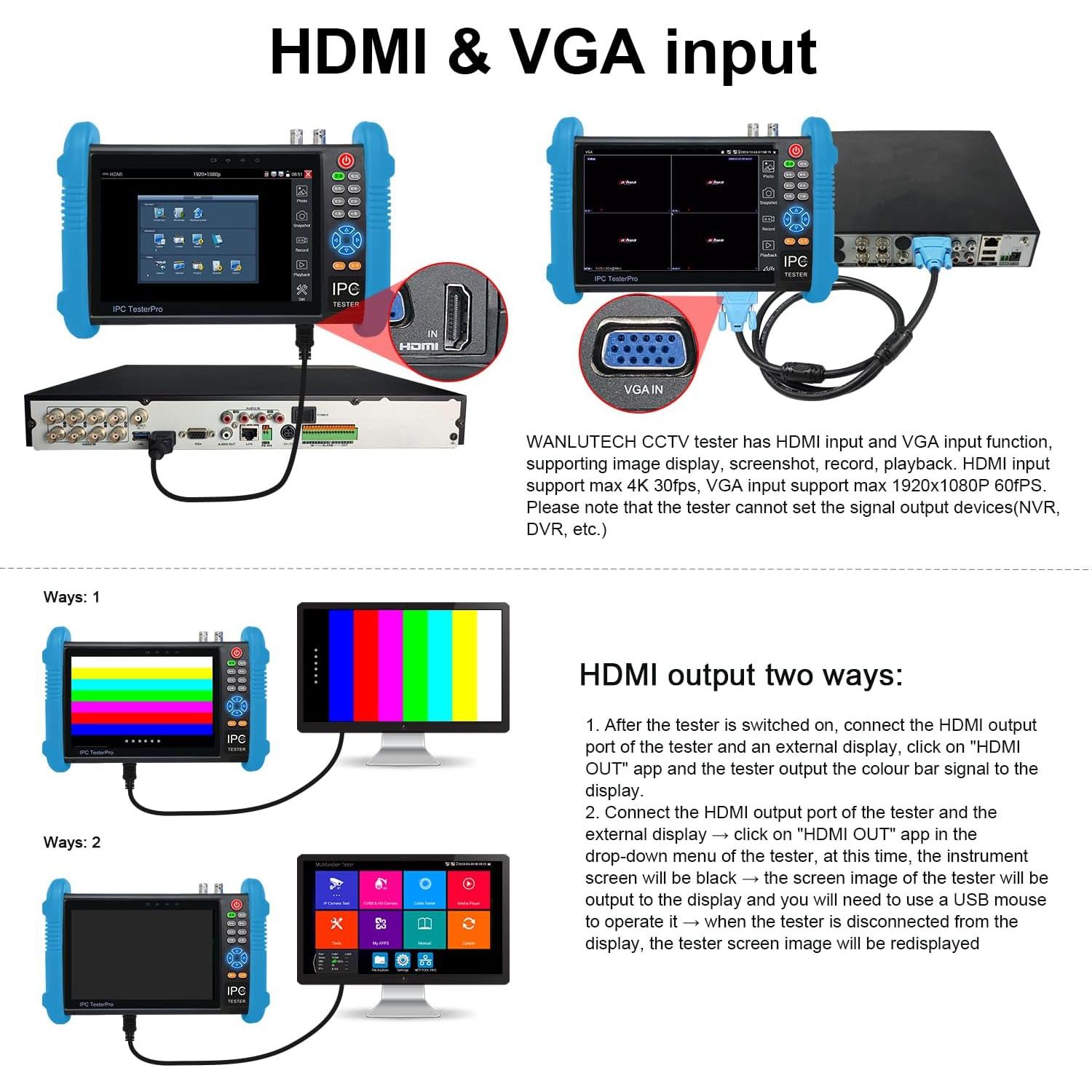Probador de Cámara IP 8K WANLUTECH 7" PoE CCTV RJ45