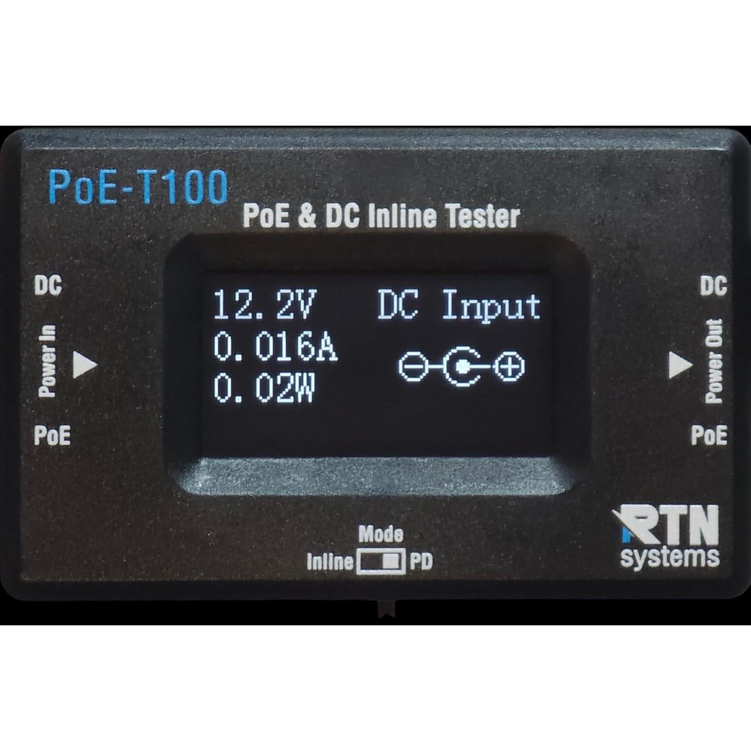 Probador Inline DC y PoE RTN Systems PoE-T100 con Pantalla OLED