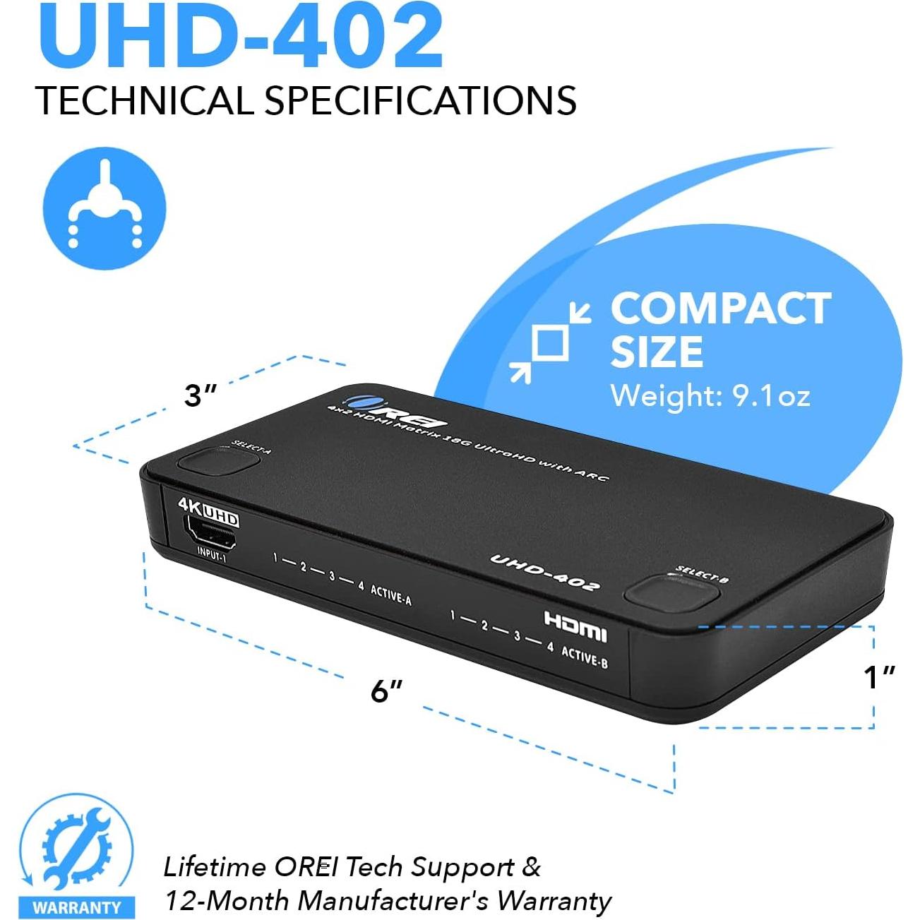 Matriz HDMI OREI UHD-402 4x2 4K@60Hz con Control Remoto