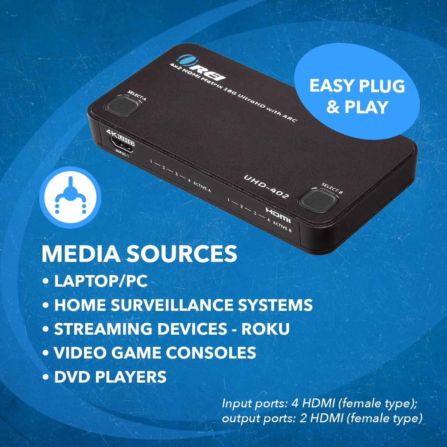 Matriz HDMI OREI UHD-402 4x2 4K@60Hz con Control Remoto