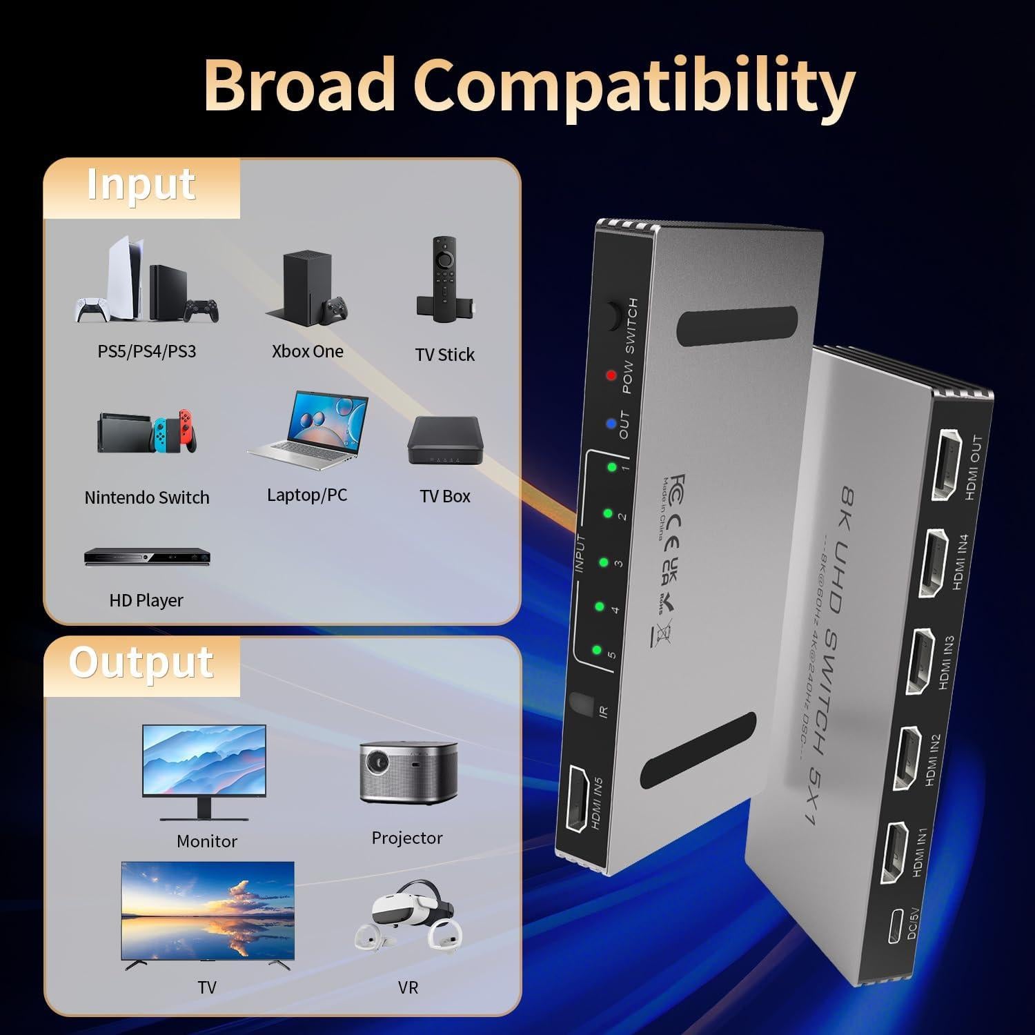 Conmutador HDMI 5 en 1 Arkidyn Plus 8K@60Hz 4K@240Hz