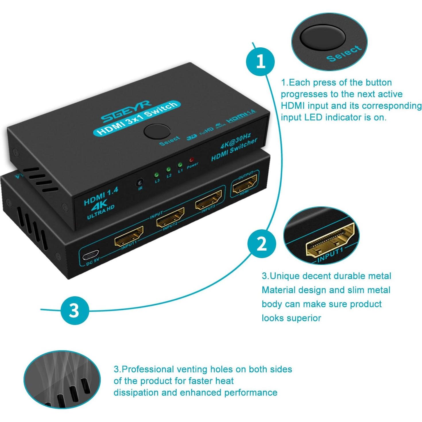 Interruptor HDMI Divisor 3 Puertos SGEYR 4K 30Hz Control Remoto