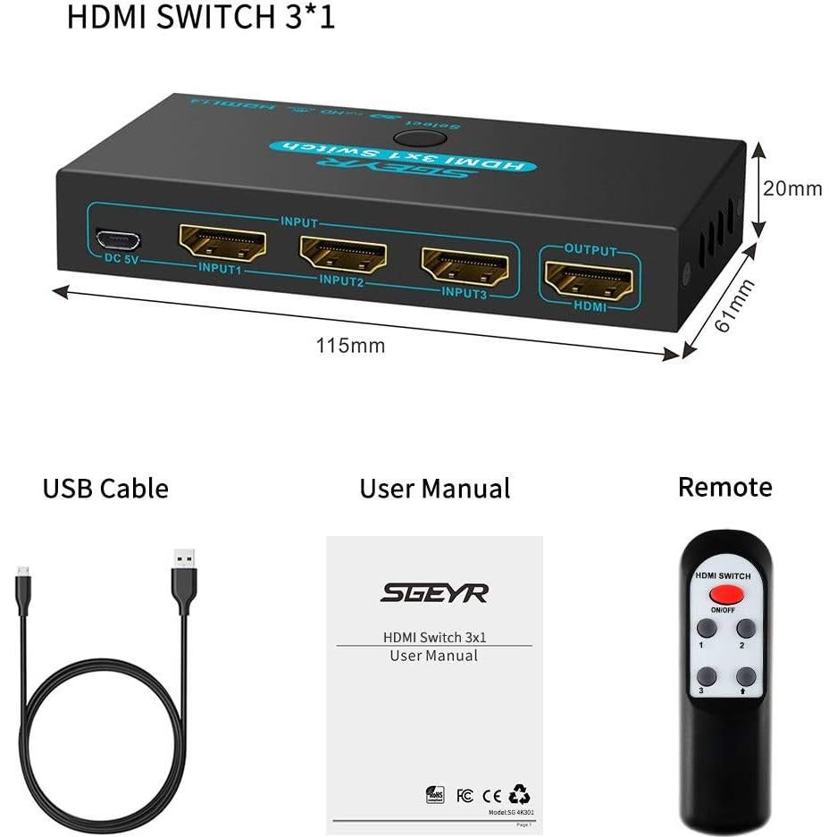 Interruptor HDMI Divisor 3 Puertos SGEYR 4K 30Hz Control Remoto