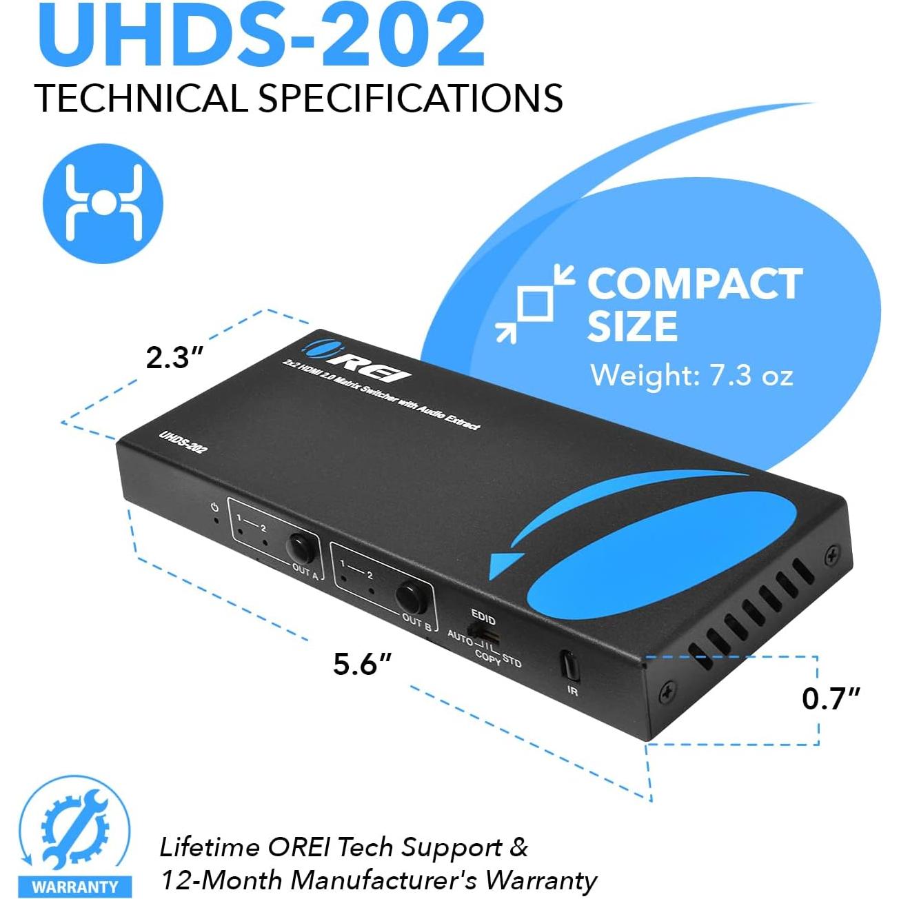 OREI Interruptor HDMI 2x2 UHDS-202 4K 60Hz Control Remoto