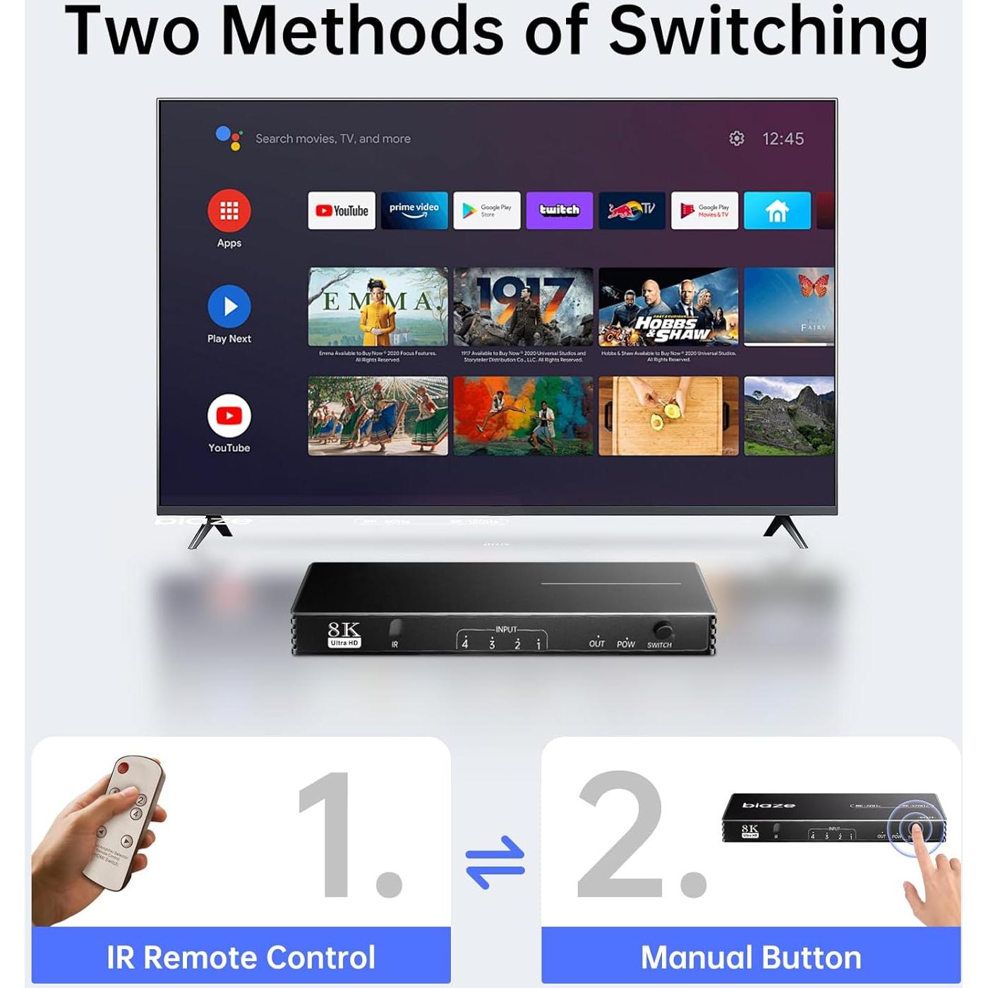 Interruptor HDMI 4 en 1 Biaze 8K@60Hz 4K@120Hz Control Remoto