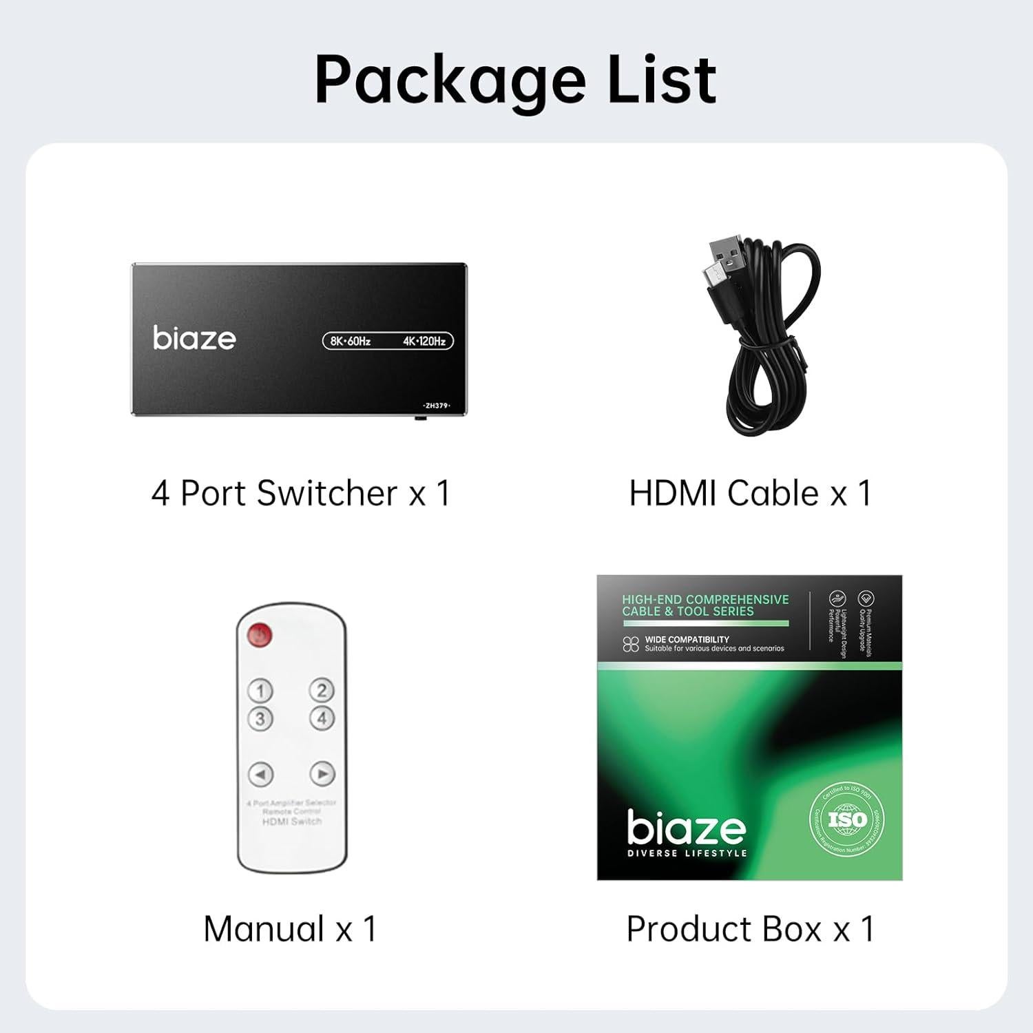 Interruptor HDMI 4 en 1 Biaze 8K@60Hz 4K@120Hz Control Remoto