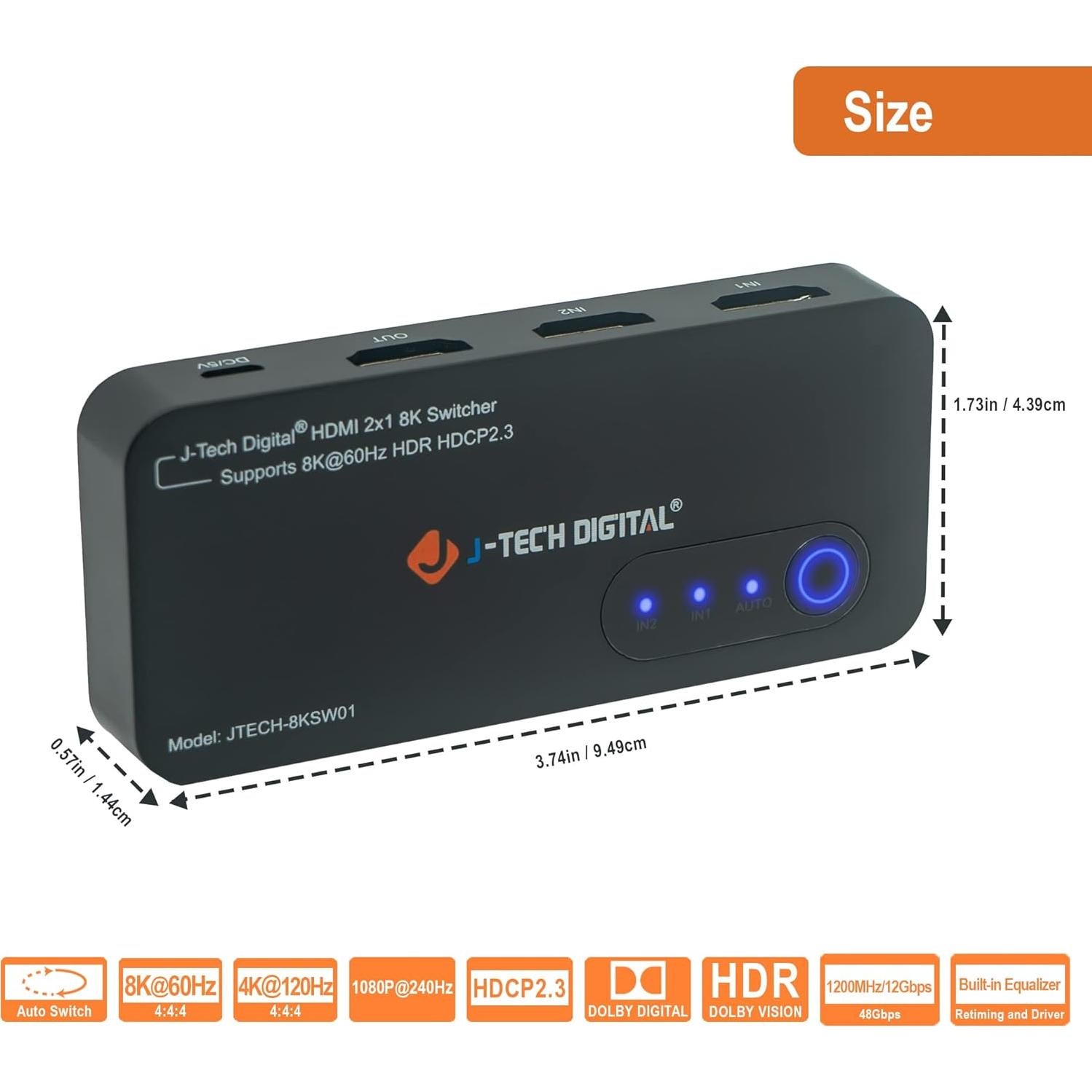 Interruptor HDMI 2.1 J-Tech Digital JTECH-8KSW01 8K 60Hz