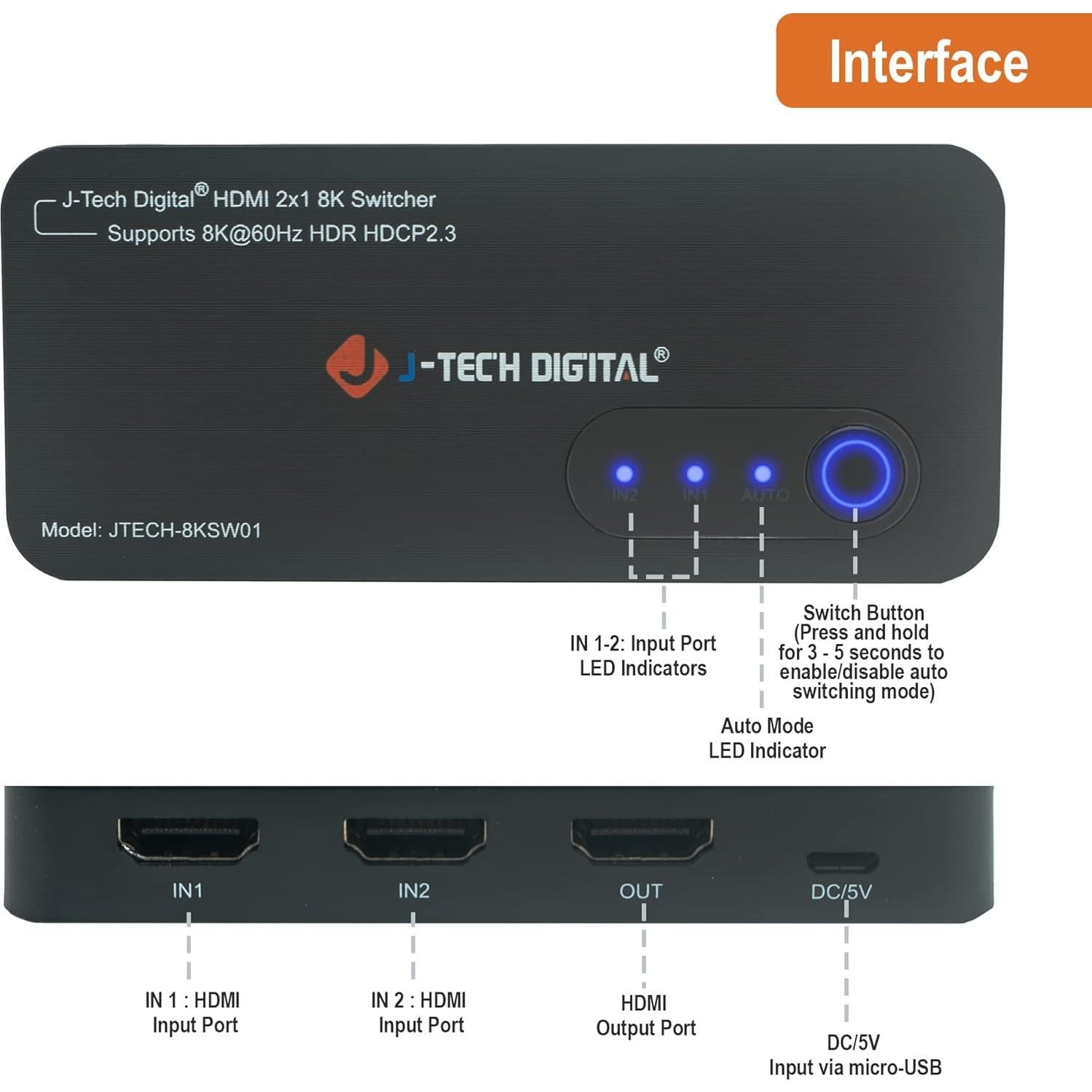 Interruptor HDMI 2.1 J-Tech Digital JTECH-8KSW01 8K 60Hz