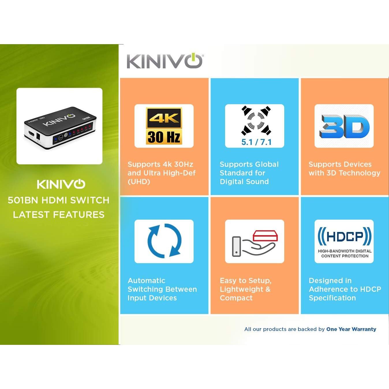 Interruptor HDMI 4K Kinivo 501BN 5 Puertos con Control Remoto