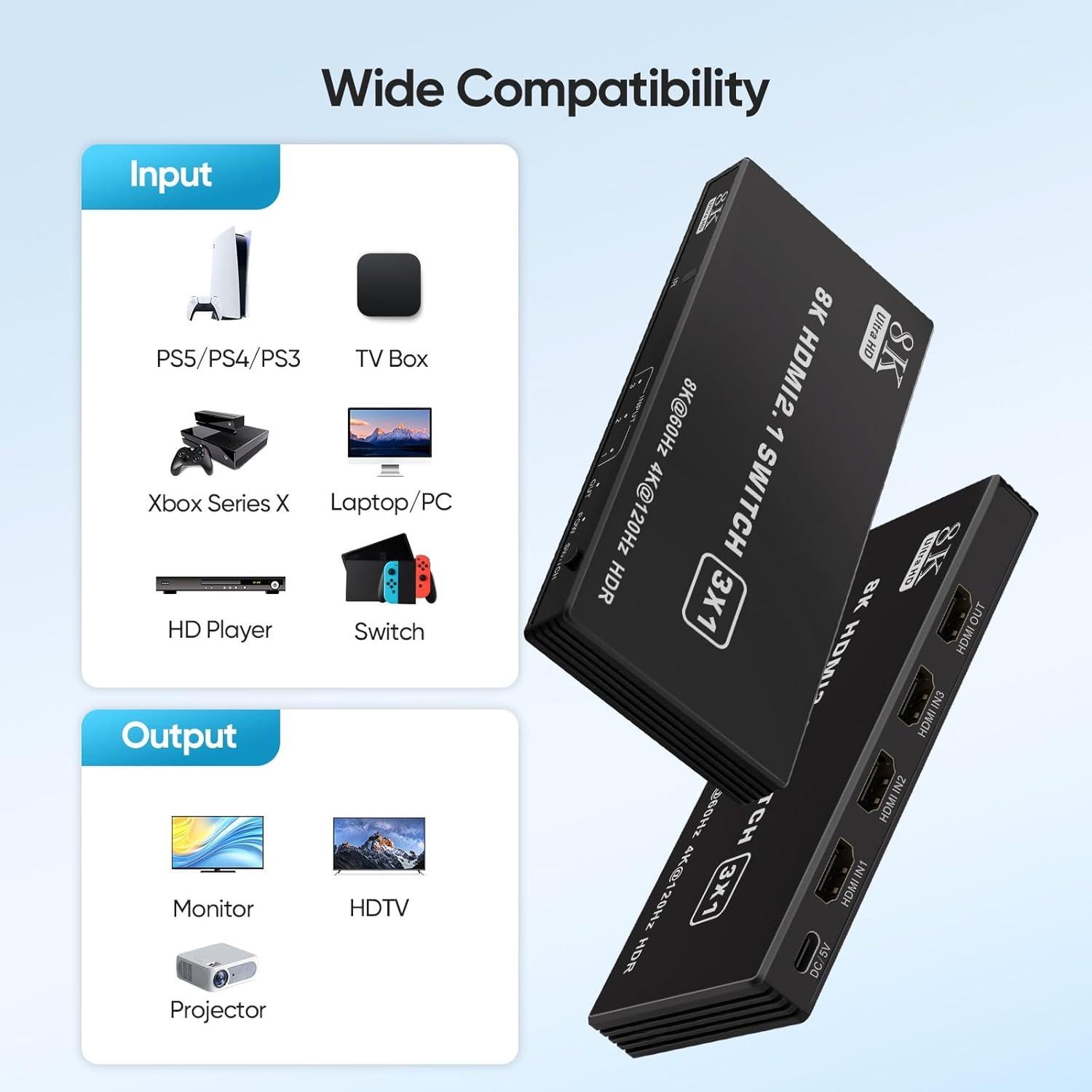 Interruptor HDMI 3 en 1 TAILAIERA 8K@60Hz con Control Remoto