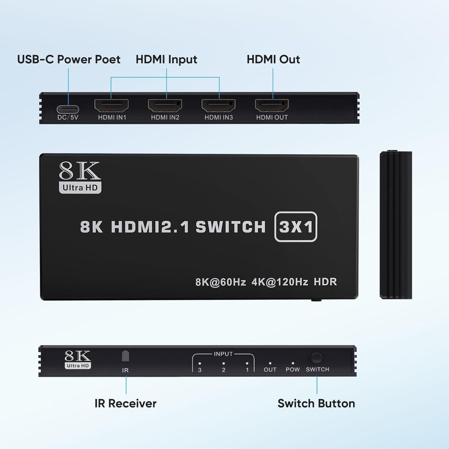 Interruptor HDMI 3 en 1 TAILAIERA 8K@60Hz con Control Remoto