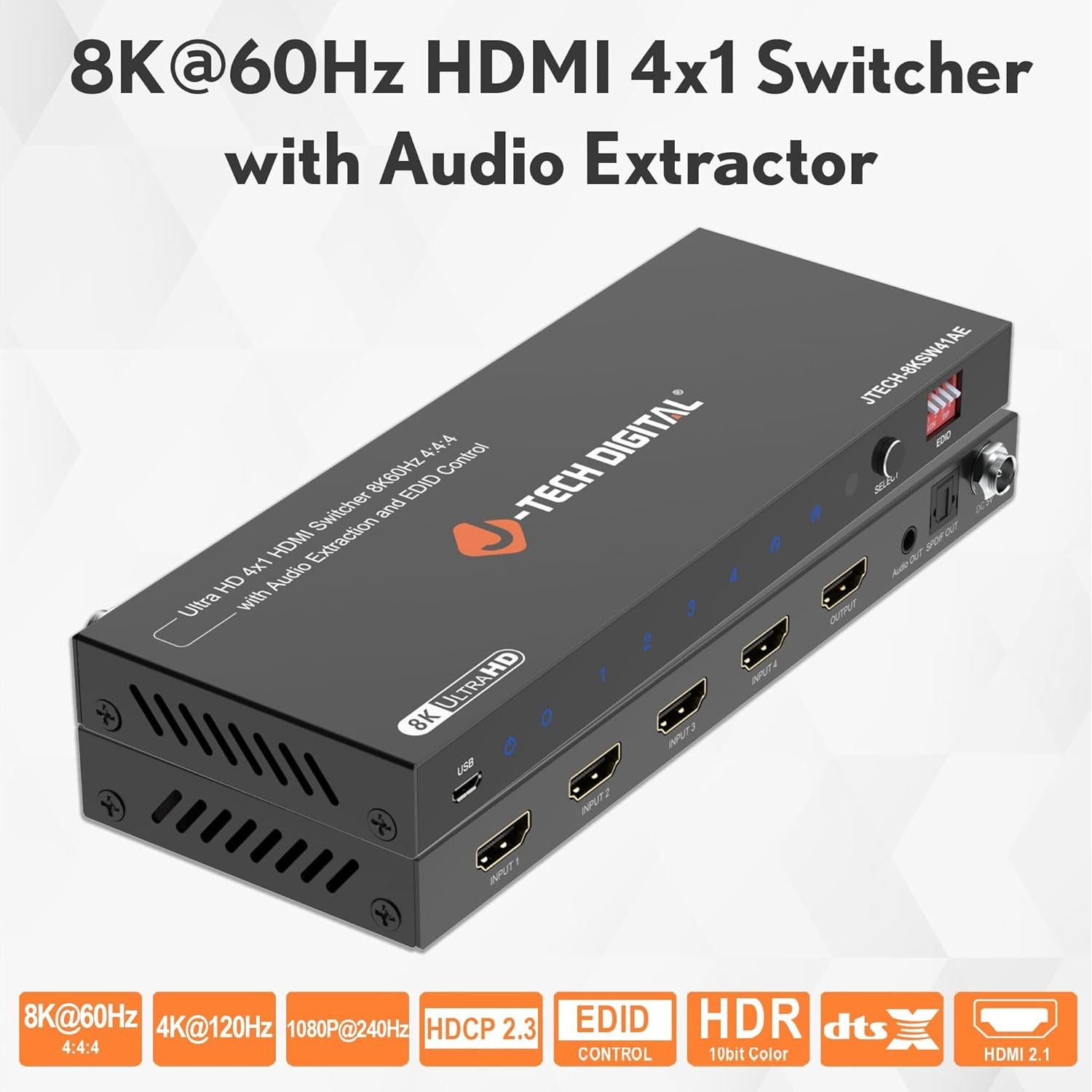 Conmutador HDMI 8K 4 en 1 J-Tech Digital JTECH-8KSW41AE