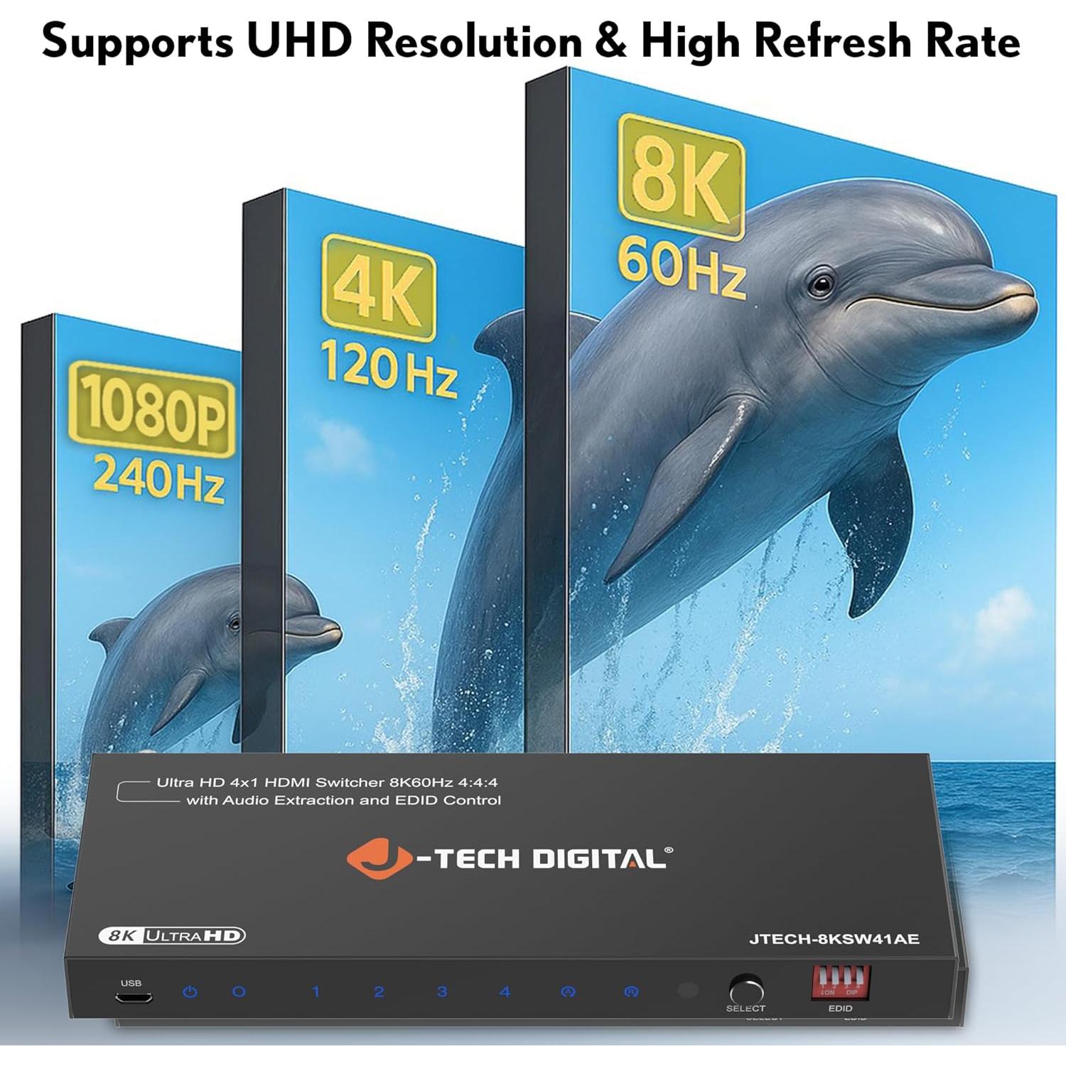 Conmutador HDMI 8K 4 en 1 J-Tech Digital JTECH-8KSW41AE