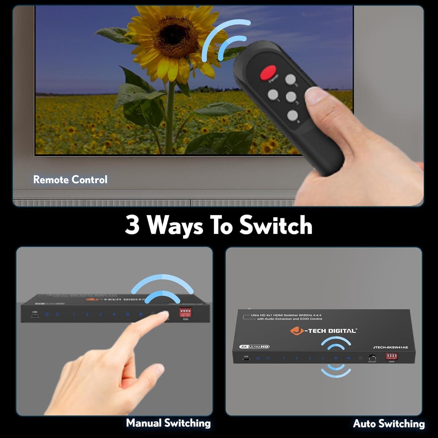 Conmutador HDMI 8K 4 en 1 J-Tech Digital JTECH-8KSW41AE