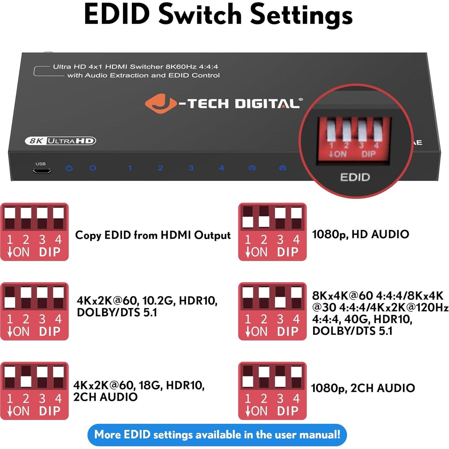 Conmutador HDMI 8K 4 en 1 J-Tech Digital JTECH-8KSW41AE