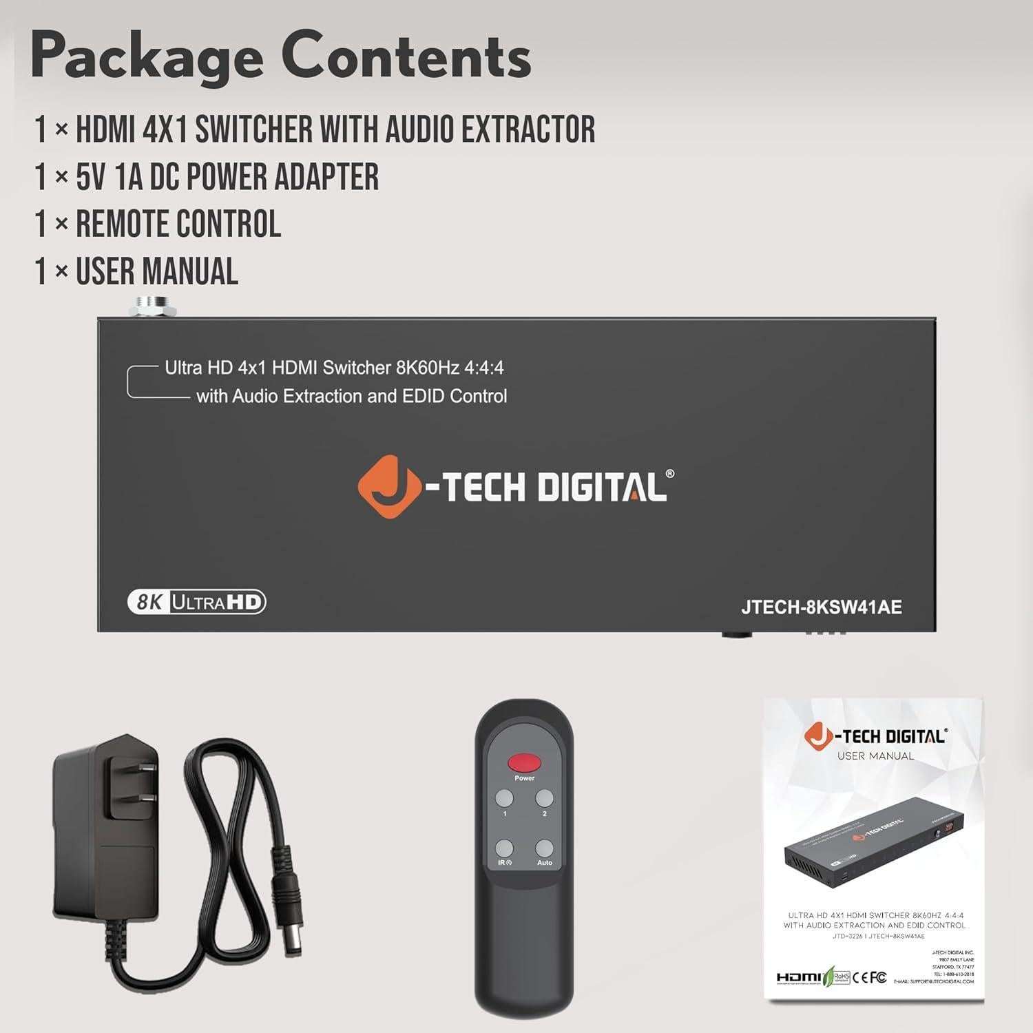 Conmutador HDMI 8K 4 en 1 J-Tech Digital JTECH-8KSW41AE