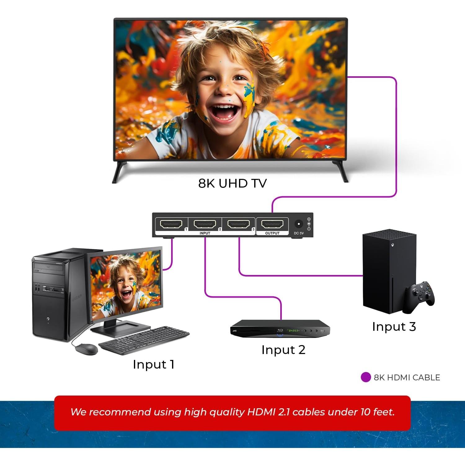 Interruptor HDMI OREI 8K 60Hz 4K 120Hz con Control Remoto