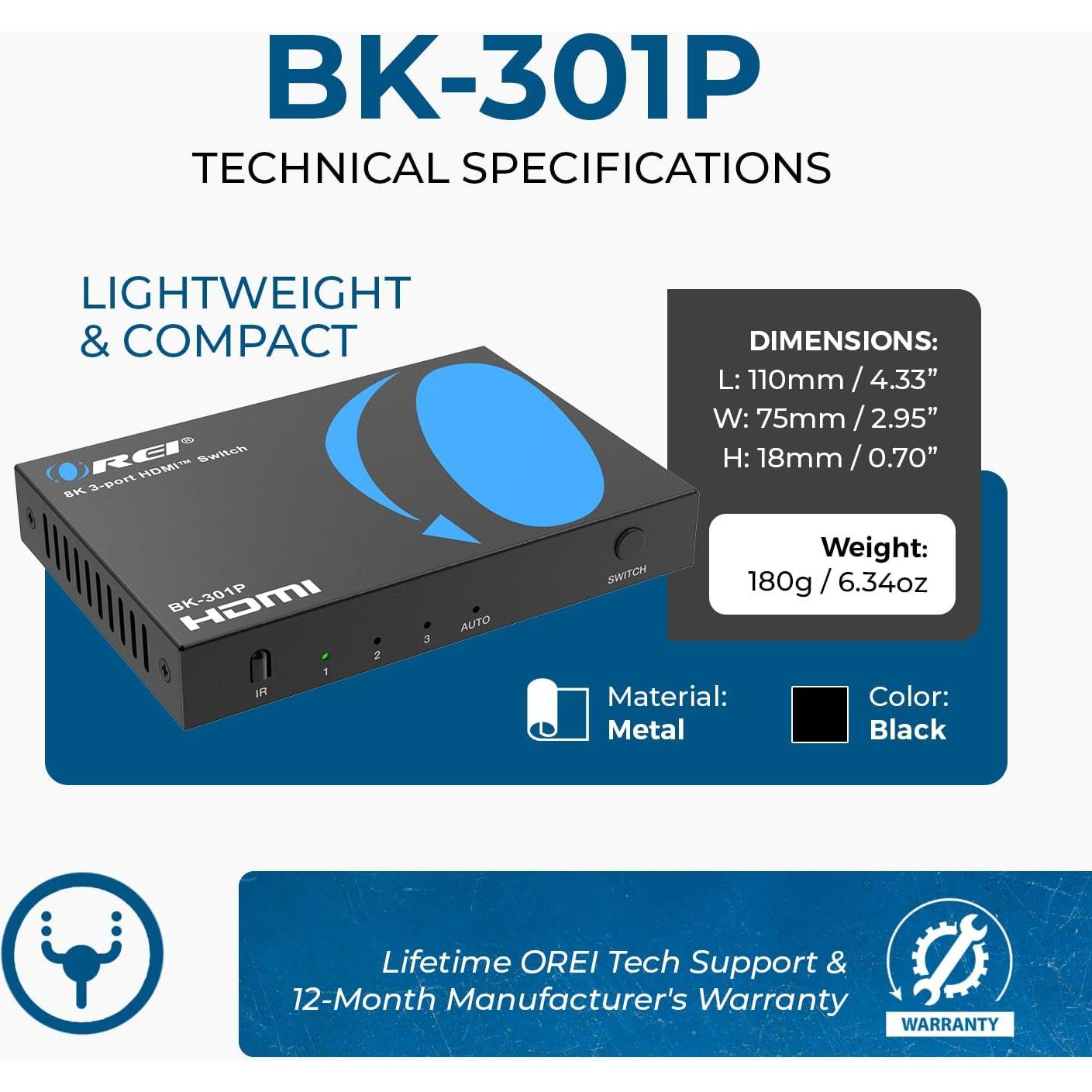 Interruptor HDMI OREI 8K 60Hz 4K 120Hz con Control Remoto