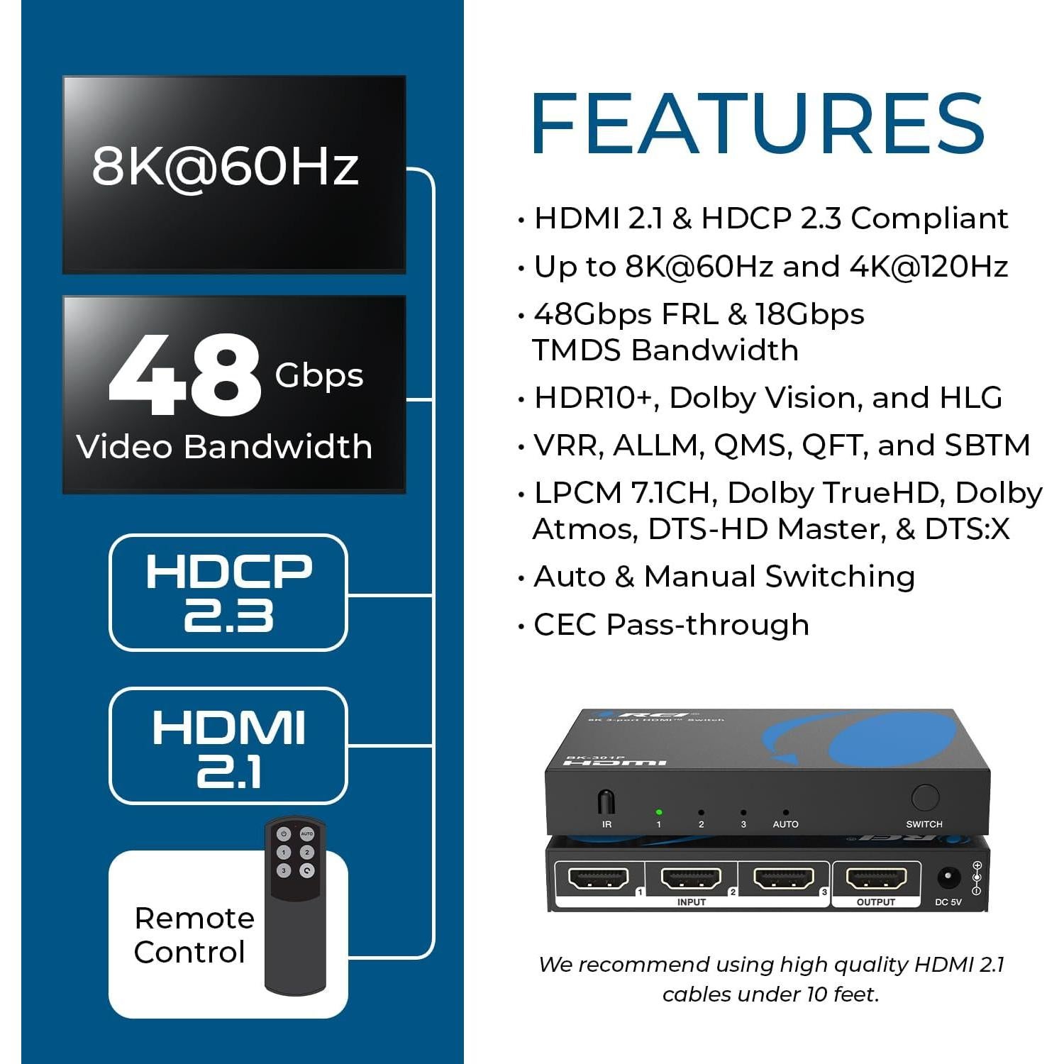 Interruptor HDMI OREI 8K 60Hz 4K 120Hz con Control Remoto